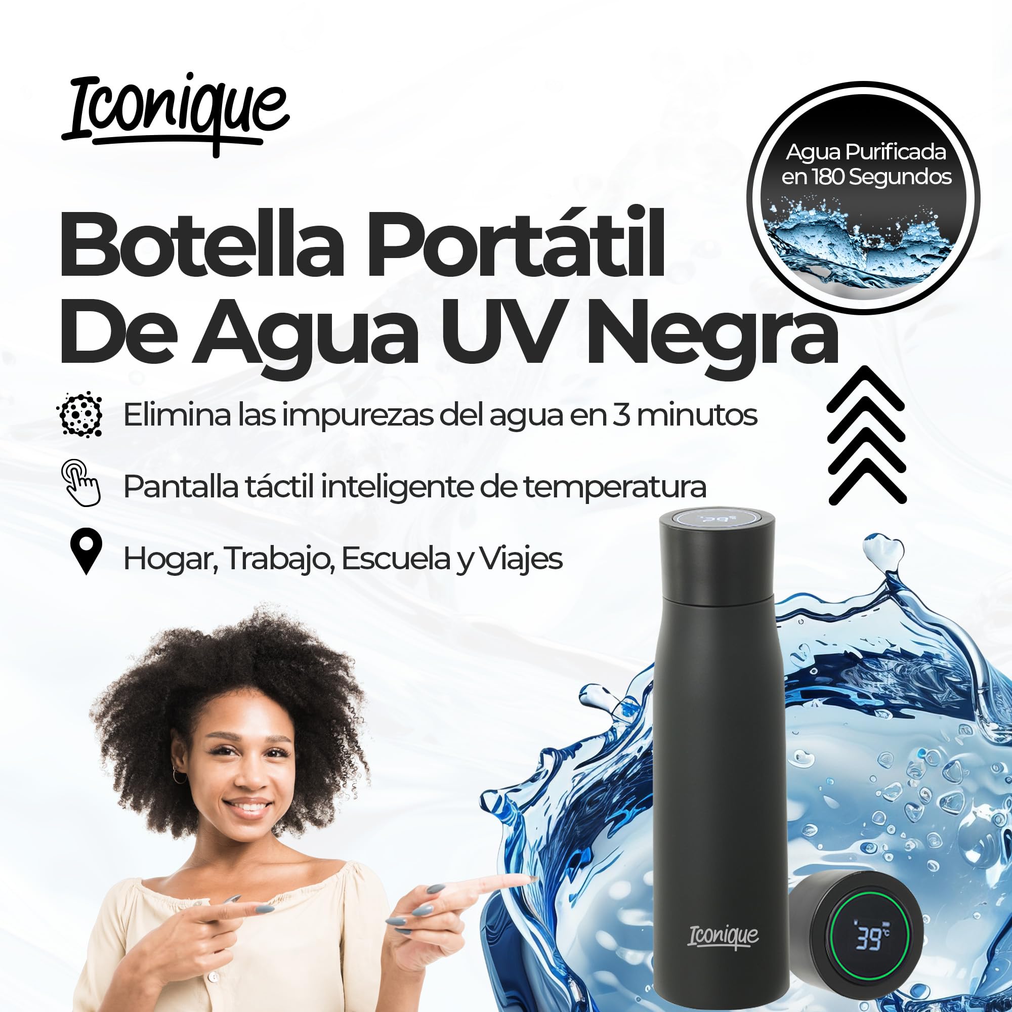 Iconique Botella De Acero Inoxidable Con Filtro UV De | 500ml | Negro | Filtro De Agua Autolimpiante, Tapa Con Indicador De Temperatura LED, Función De Recordatorio Para Beber