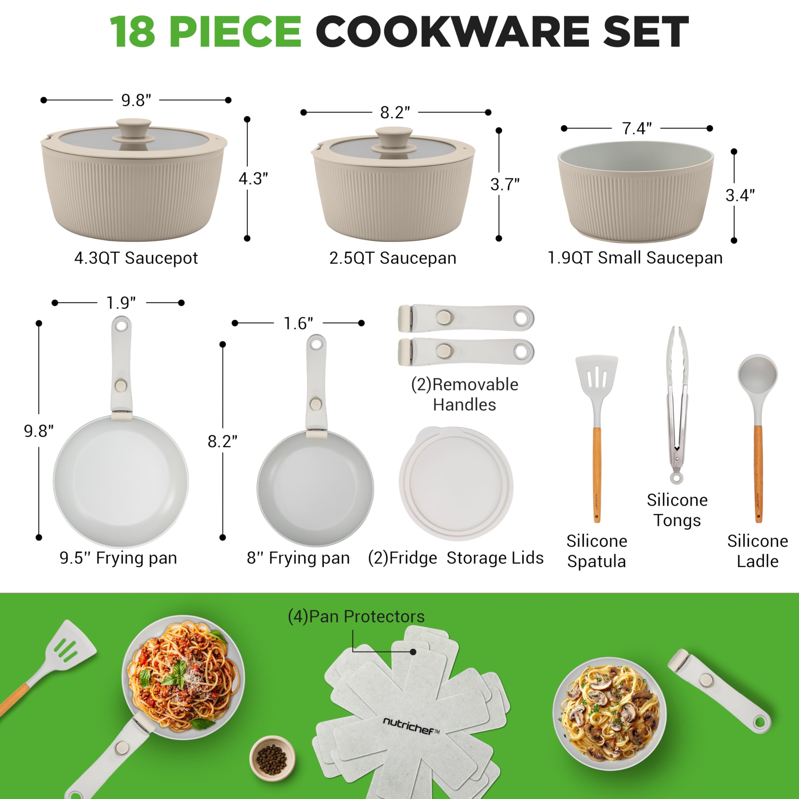 NutriChef Zestaw Naczyń Ceramicznych 18 Sztuk z Odczepianymi Rączkami, Patelnia i Garnki z Powłoką Nieprzywierającą, Powłoka Ceramiczna Bez PTFE, Oszczędność Miejsca, Do Pieca, Kremowy