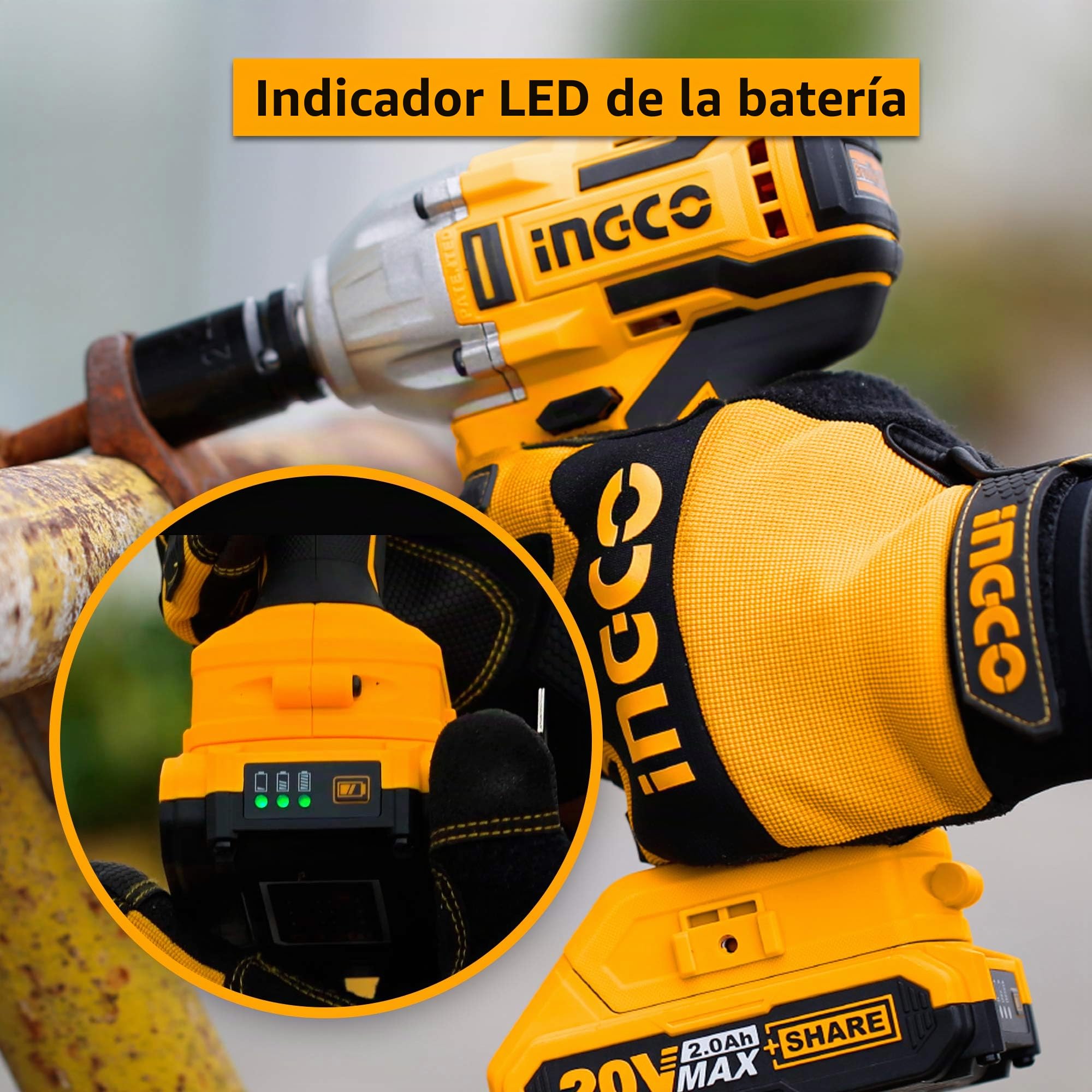 Llave de impacto sin escobillas, 20V INGCO 300NM 1/2 pulgada Pistola Impacto Bateria, Inalámbrica con 2pcs Batería de 2.0 Ah