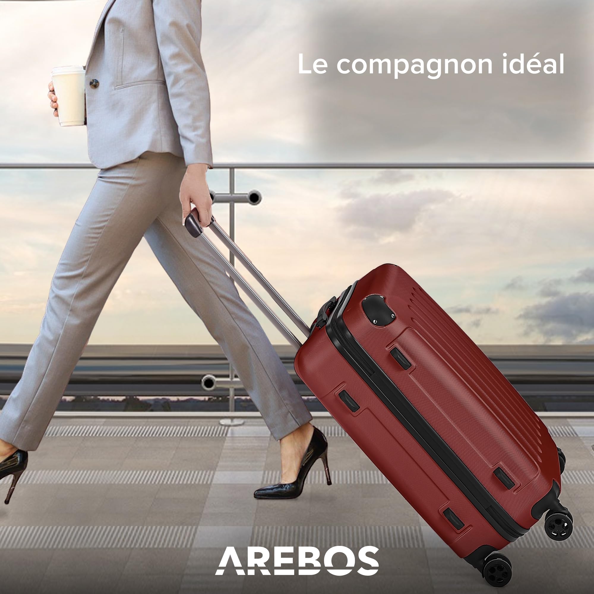 AREBOS Lot de 4 valises de Voyage I Coque Rigide en ABS I Set de valises à roulettes I Poignée télescopique I avec Fermeture éclair Roues à 360° I S-M-L-XL | Rouge