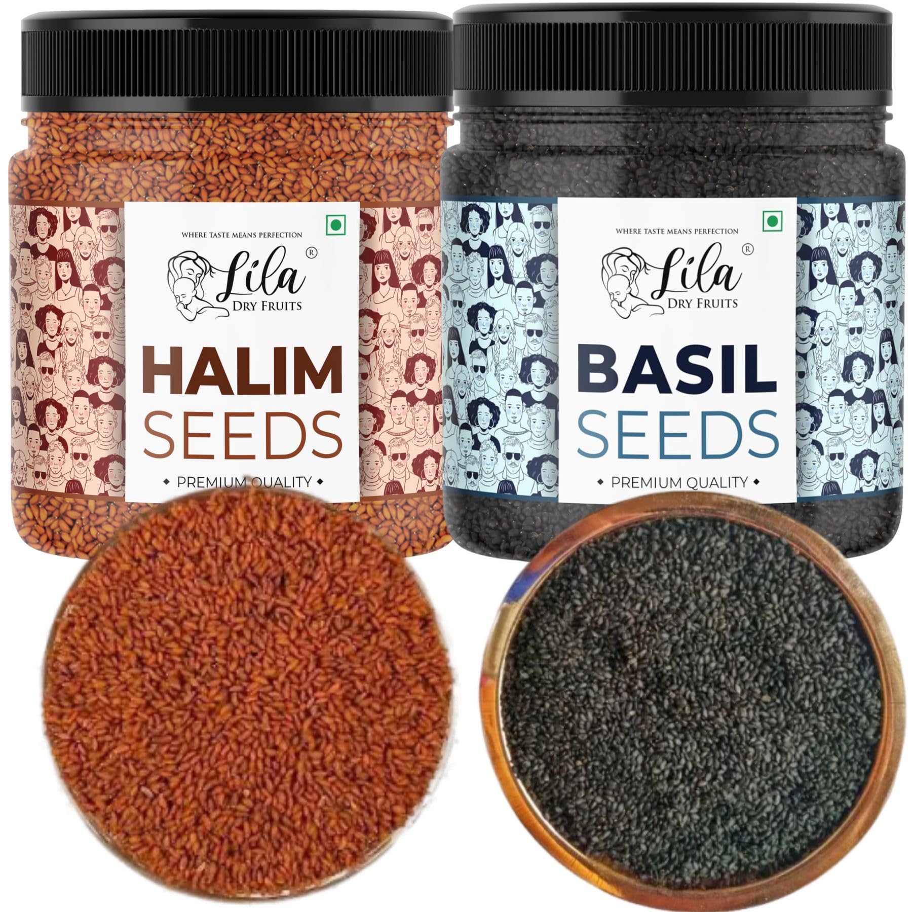 LILA DRY FRUITS Combo Basil Halim Seeds 500 Grams Each | Premium Sabja and Aliv Seed Ideal for Soaking, Snacking, Smoothies, Beverages, Breakfast Use | Falooda Seed Garden Cress Perfect for Gifting (500 x 2)