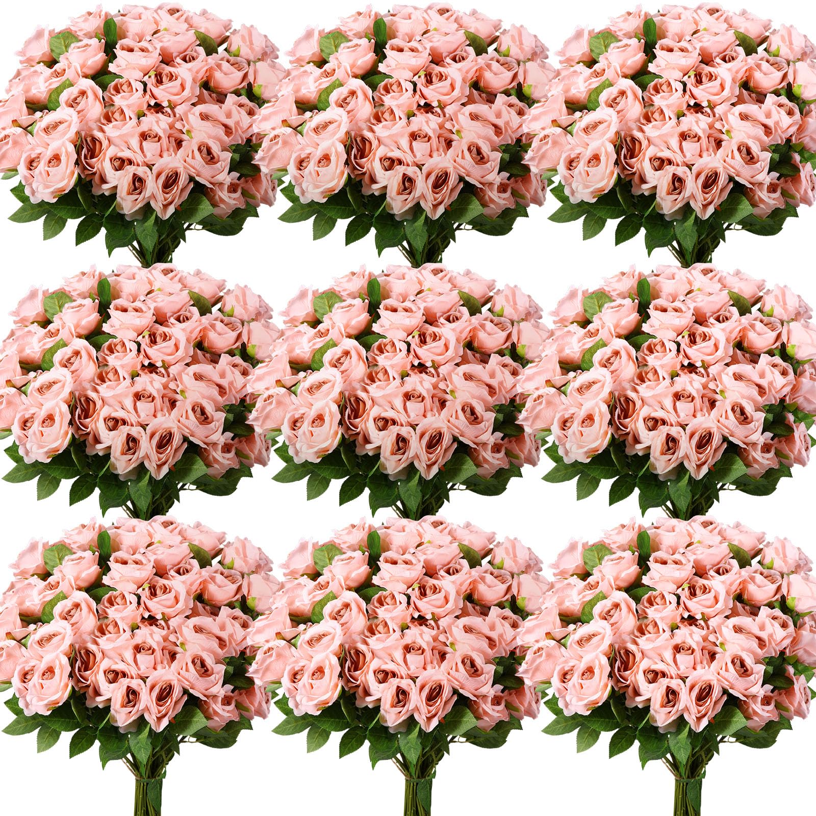 XunYee 300 Pieces Artificial Rose Flower Realistic Silk Roses with Bouquet Stems Plastic DIY Fake Rose Flowers for Wedding Home Centerpieces Party Decorations (Pale Pink)