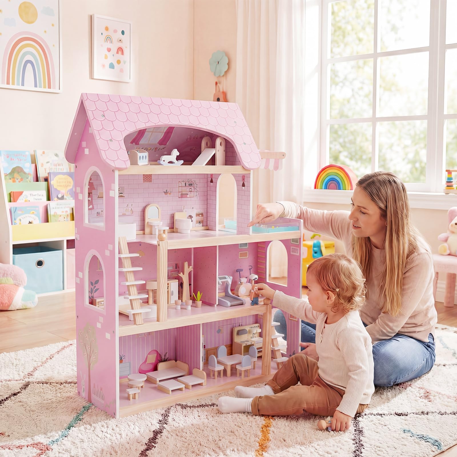 COSTWAY Casa delle Bambole in Legno, Casa Bambole con 4 Piani, 6 Stanze, Terrazza, Piscina e Scale, Casetta Giocattolo Educativo con 33 Mobili Accessori, per Bambini 3+ Anni, 63 x 25 x 78 cm (Rose)