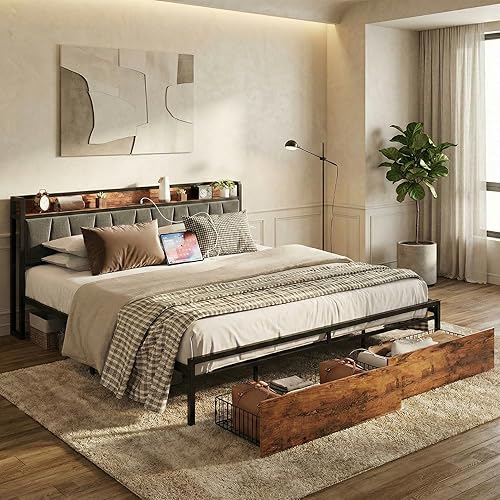 Miniatura 5 de LIKIMIO Base de cama tamaño King, cabecera de almacenamiento con estación de carga, cama de plataforma con cajones, no necesita somier, fácil Marrón