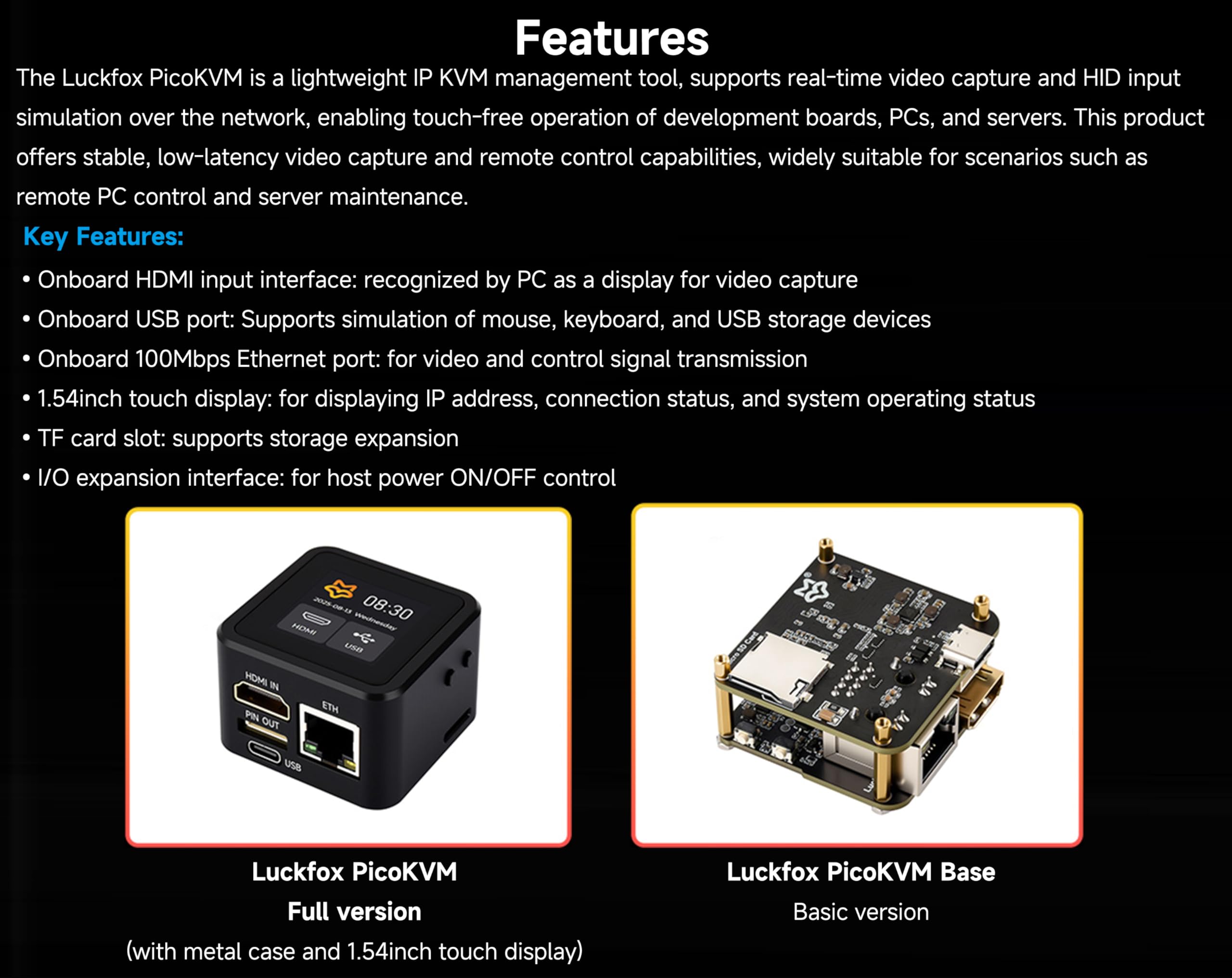 Luckfox PicoKVM, Compact IP KVM Remote Management Tool with 1920×1080@60fps HDMI Input, HID Output, 1.54" Touch Display & Case for Efficient Device Control,Onboard USB Port, TF Card Slot, ETH