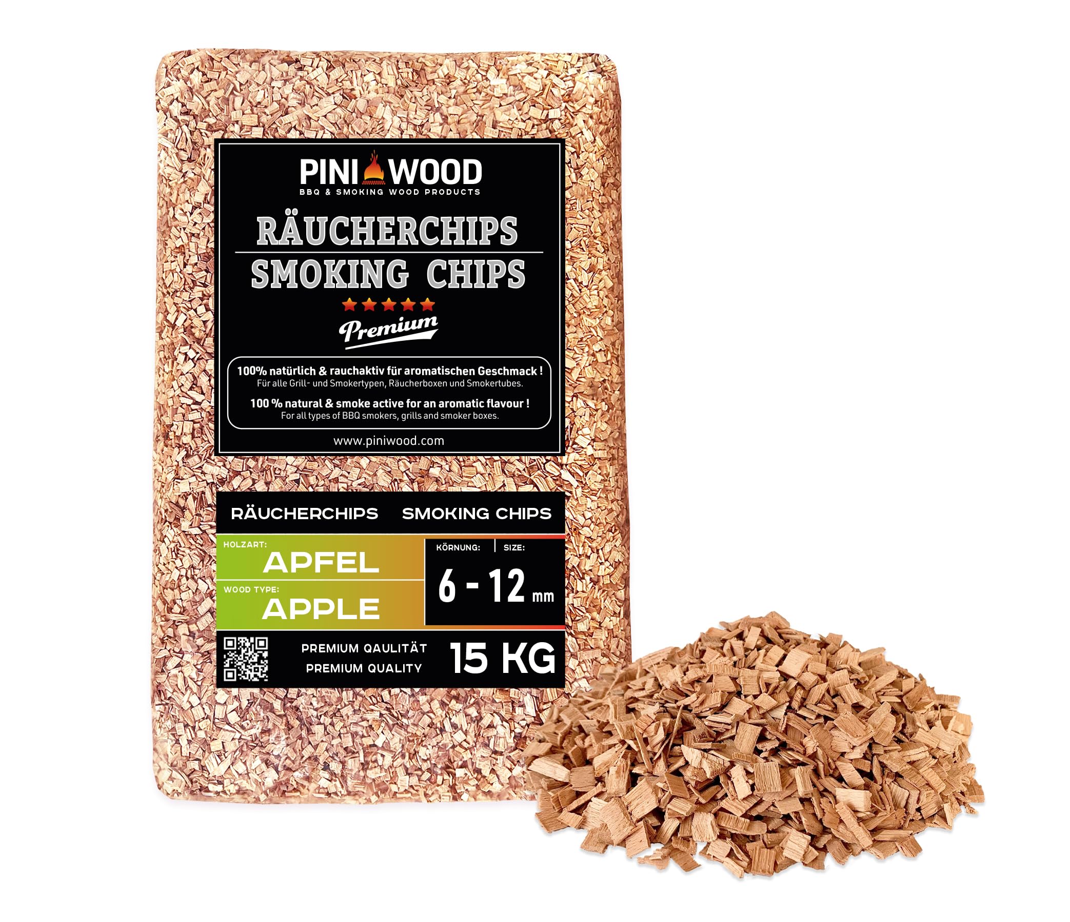 PINI 15 Kg Räucherchips Apfel 6-12 mm Smoking Chips Räucherspäne