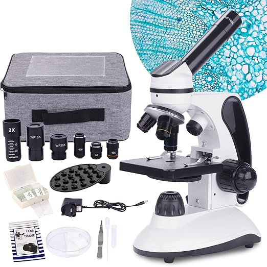 BEBANG Monocular Microscope for Adults Students,40X-2000X Magnification,Dual LED Beginners Kids Microscopes with Science Kits,Phone Adapter,Carrying Case,AC Adapter,15 Slides for Lab Class Study