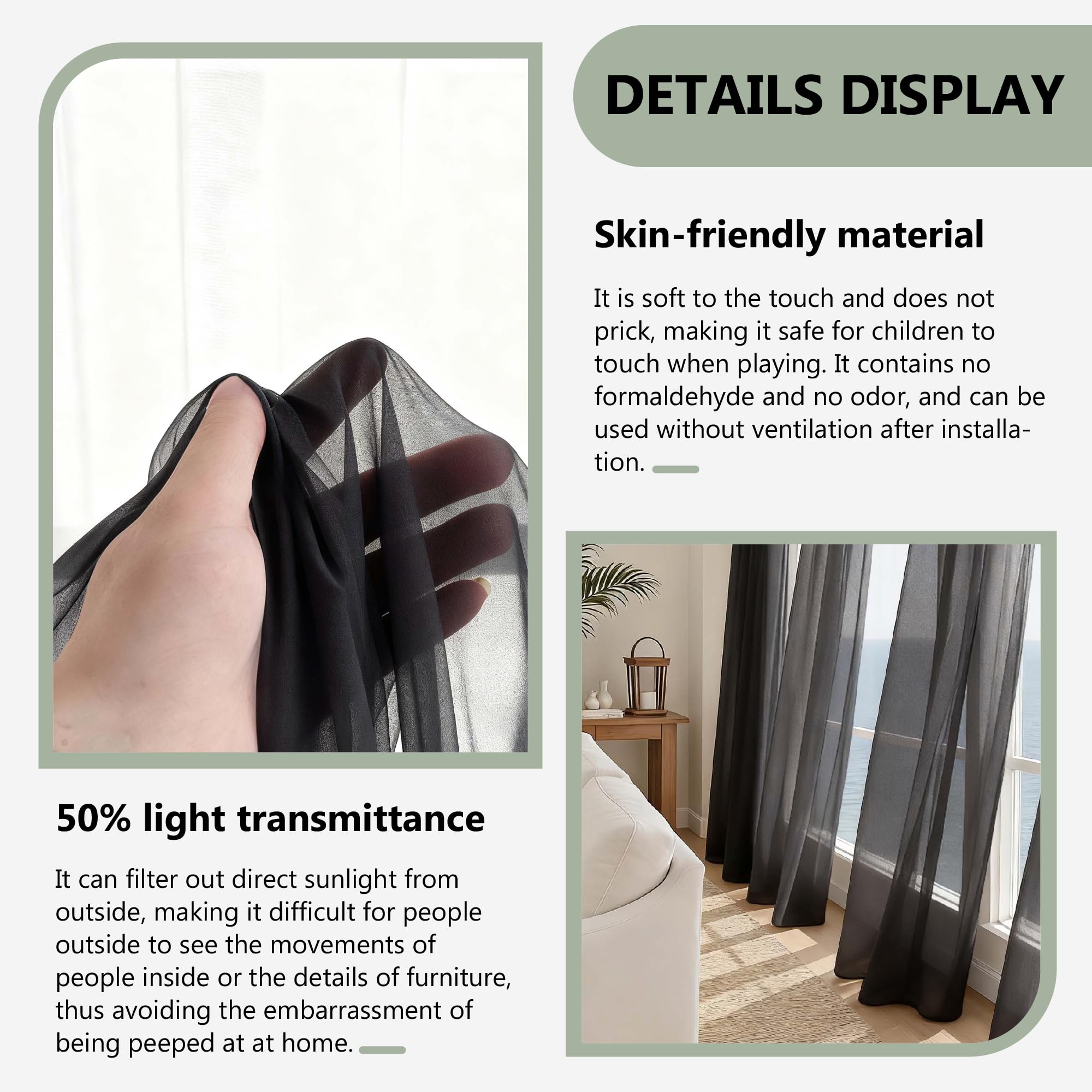 Tende Trasparenti Voile 150 x 300 cm Filtranti Luce Eleganti Tenda Semitrasparenti Interni Moderne per Finestre Camera da Letto Soggiorno Casa Moderna, Nero