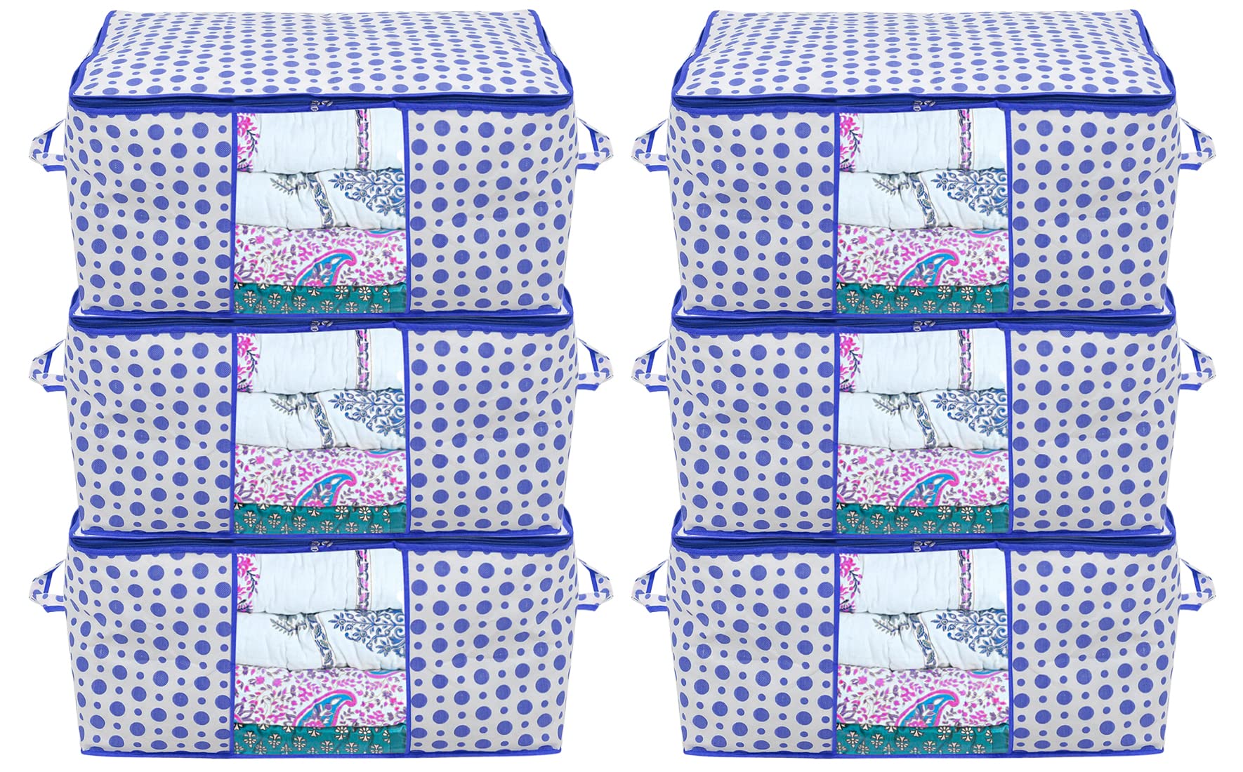 heart home dot printed foldable, lightweight non woven underbed storage bag for toys/blankets/stationery paper/clothes with transparent window with handle pack of 6 (blue)-46hh0608