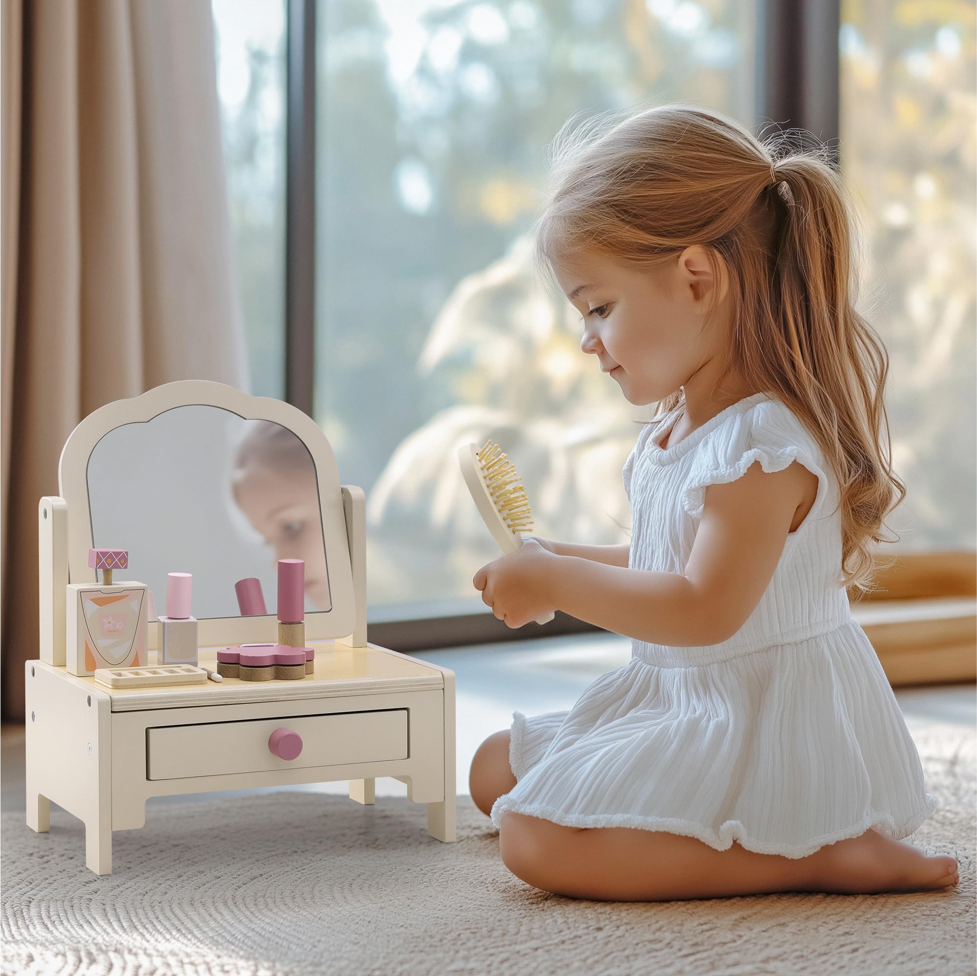 Navaris Tocador Niña de Madera - Tocador Infantil Niña y Niño - Incluye 6X Accesorios de Madera - Tocador para Niñas y Niños +3 Años - Tocador Juguete 33 x 27 x 17 cm