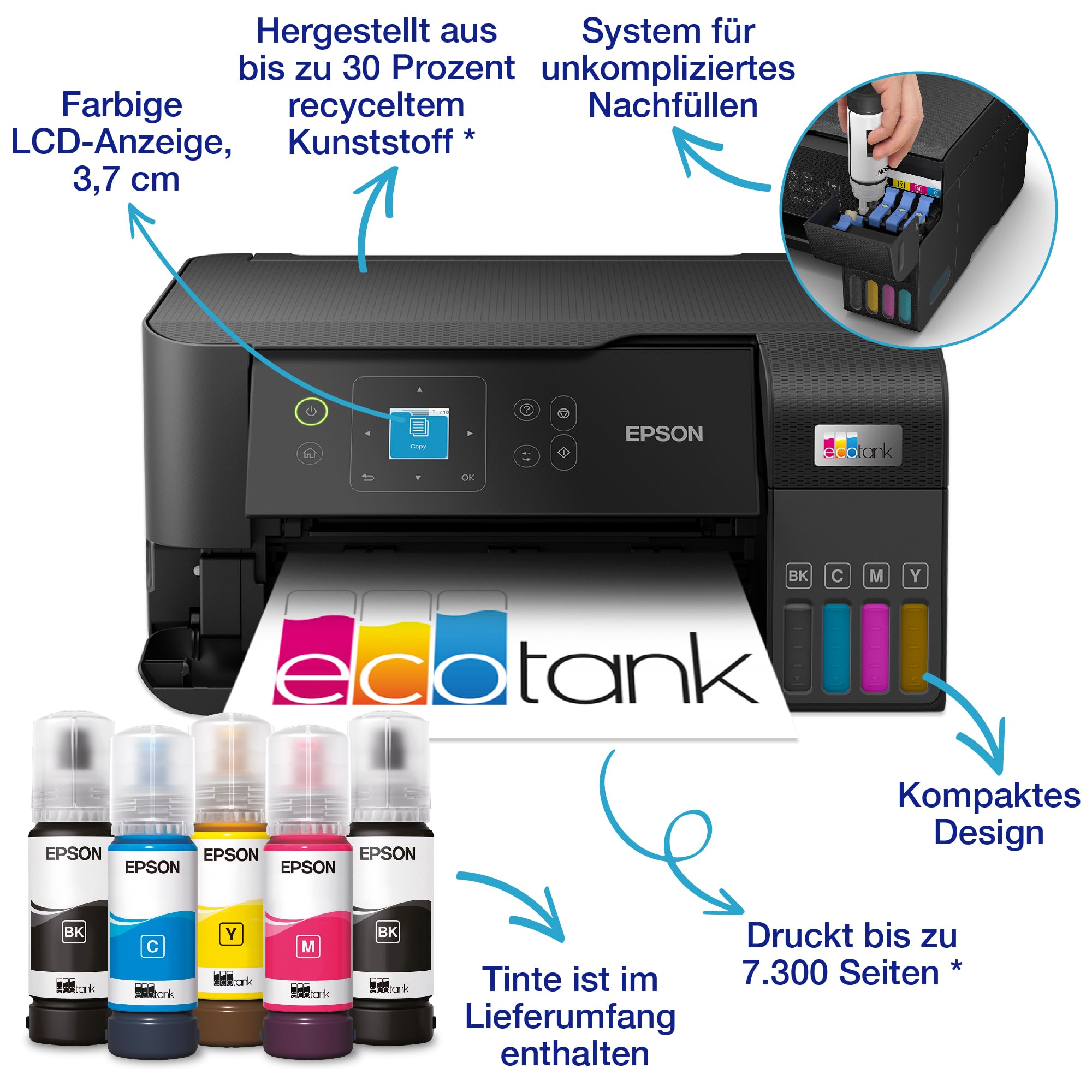 EcoTank ET-2840 DIN-A4-Multifunktions-WLAN-Tintentankdrucker, mit einem im Lieferumfang enthaltenen Vorrat an Tinten von bis zu 3 Jahren