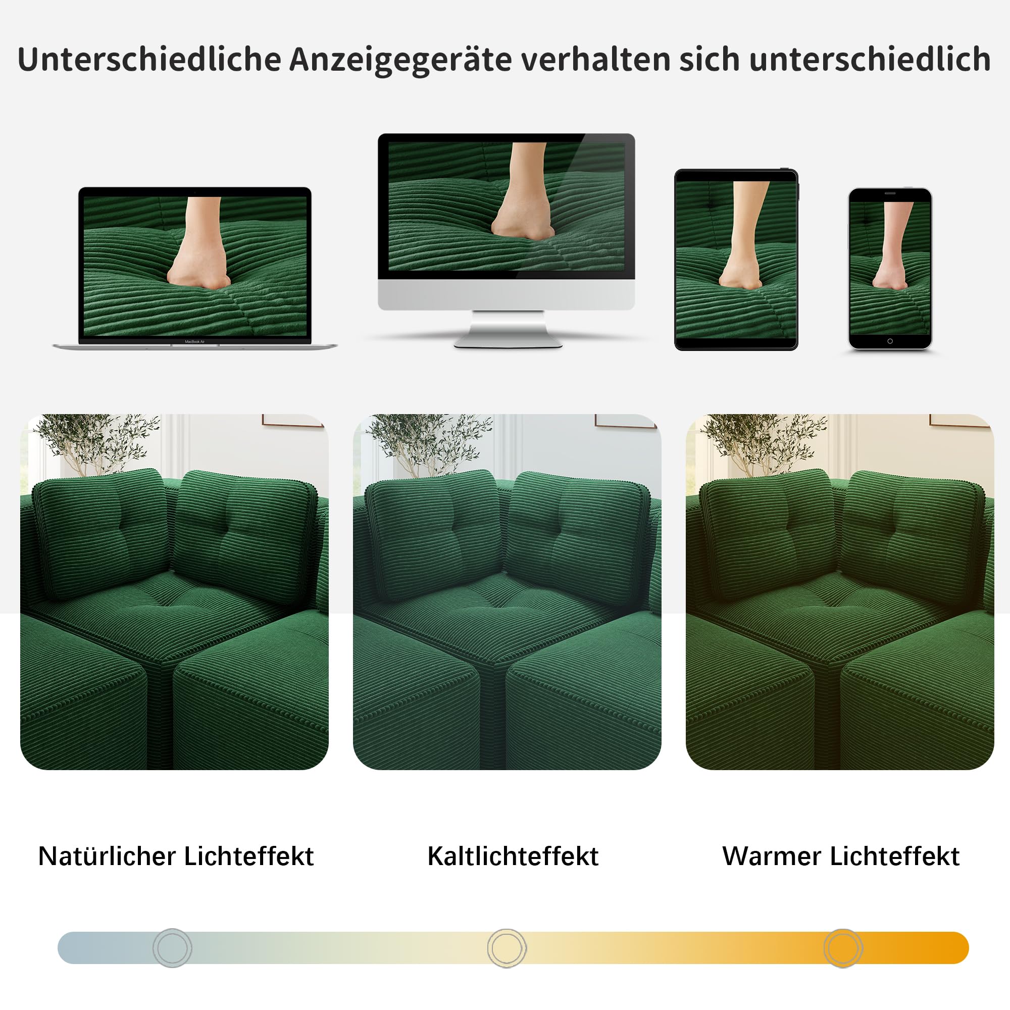 Modulares und konfigurierbares Ecksofa, zweisitziges, rahmenloses L-förmiges Sofa mit beweglicher Fußstütze, bequemer Cordstoff, geeignet für Wohn- und Schlafzimmer,Grün