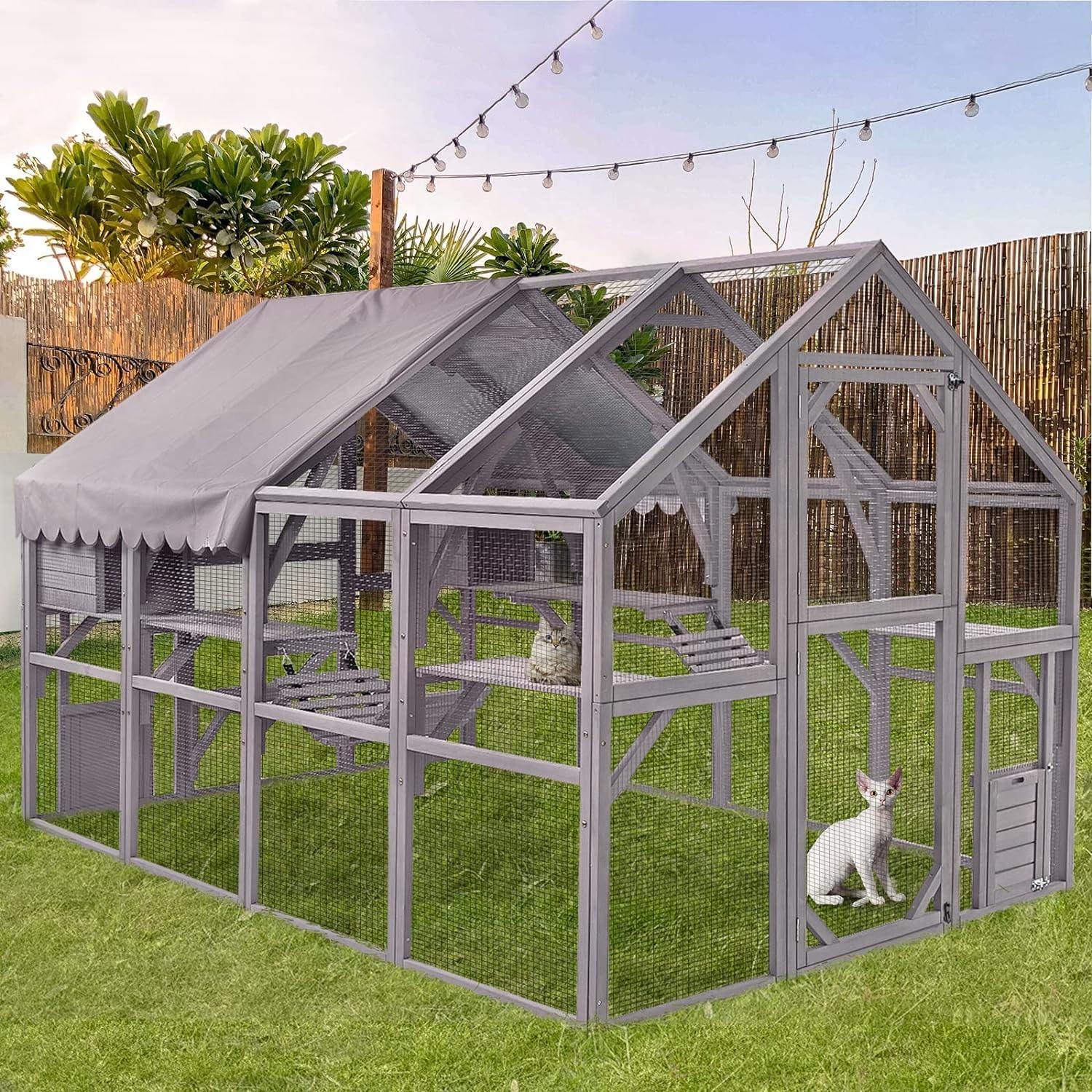Catio - Casetta per gatti in legno, grande, per esterni, con tettuccio, 280 x 187,7 x 187,2 cm
