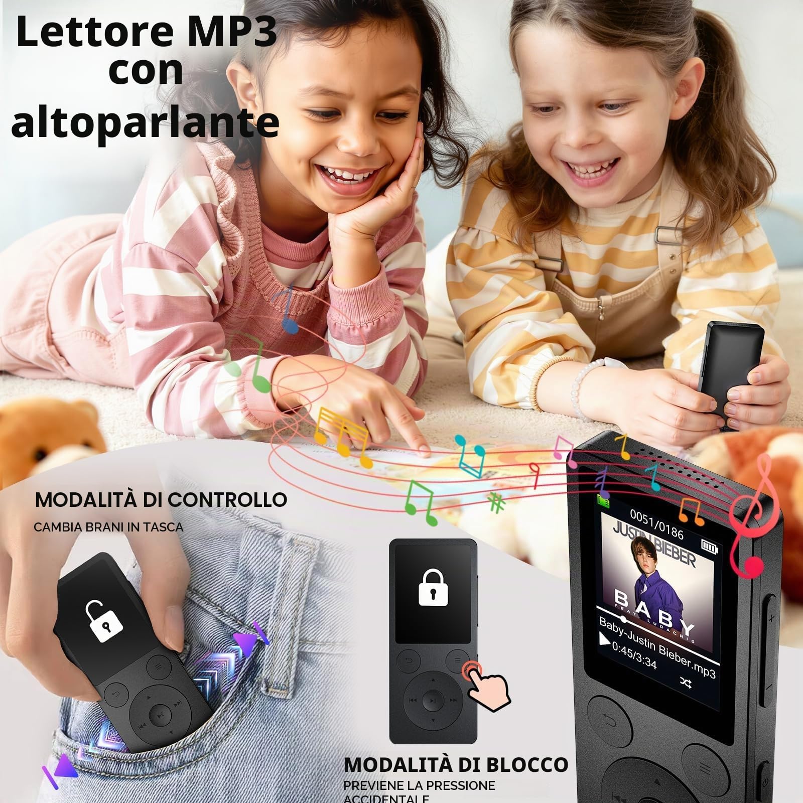64GB Lettore MP3 Bluetooth 5.3 & Altoparlante – Aggiornamento con Tasti Fisici (Indietro, Menu, Volume), Solo 37g con Cuffie, Radio FM, Registratore Vocale, Design Mini, Espandibile fino a 128GB