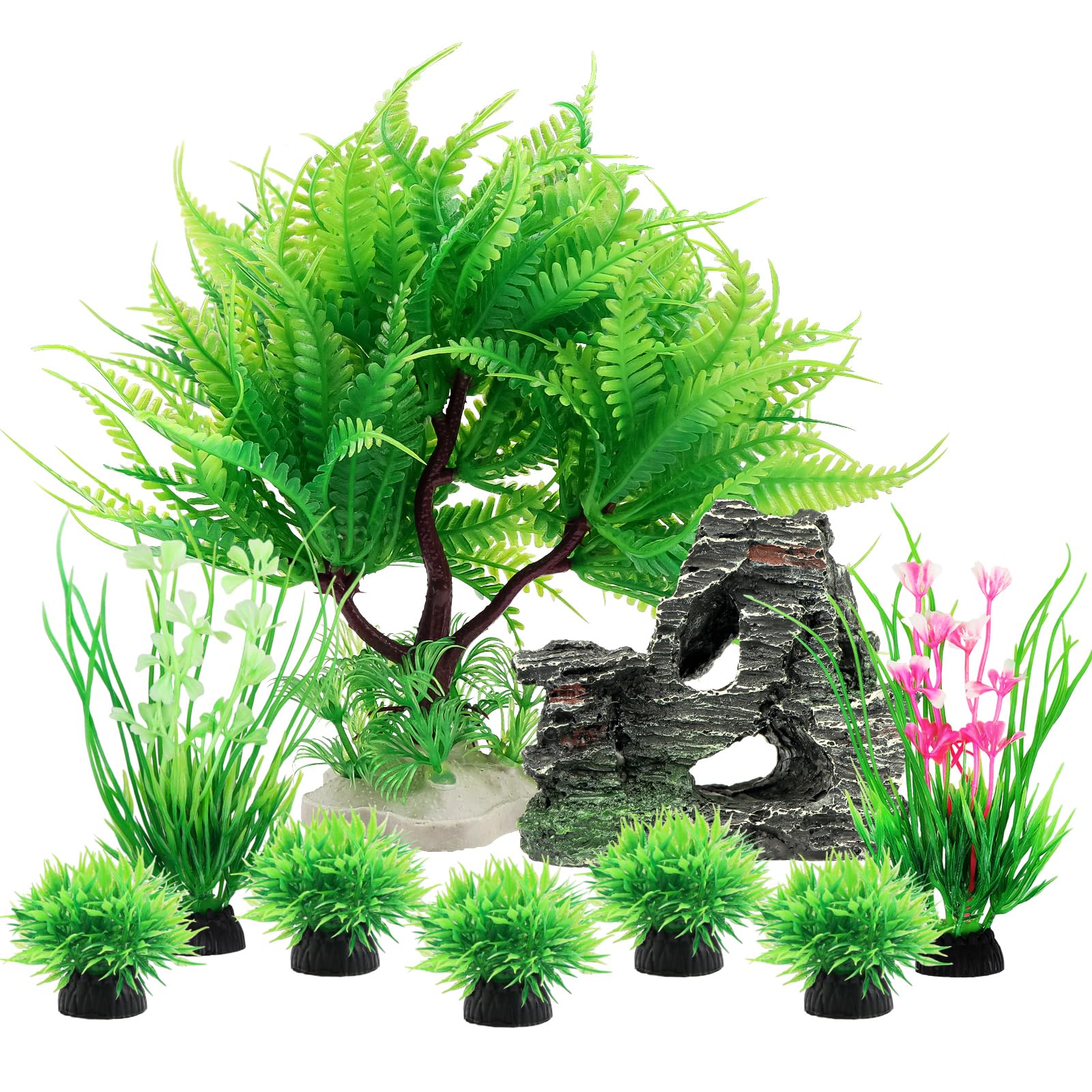 QUOZUO Decoración de plantas artificiales para acuario, 9 unidades, color verde, plantas de plástico con acuario, acuario, acuario, acuario, accesorios para tanque de peces