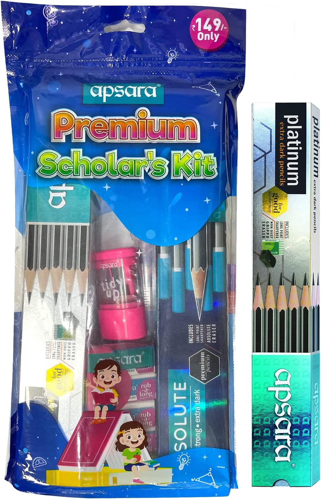 Apsara Premium Scholar Kit & Apsara Platinum Extra Dark Pencils - Pack of 10