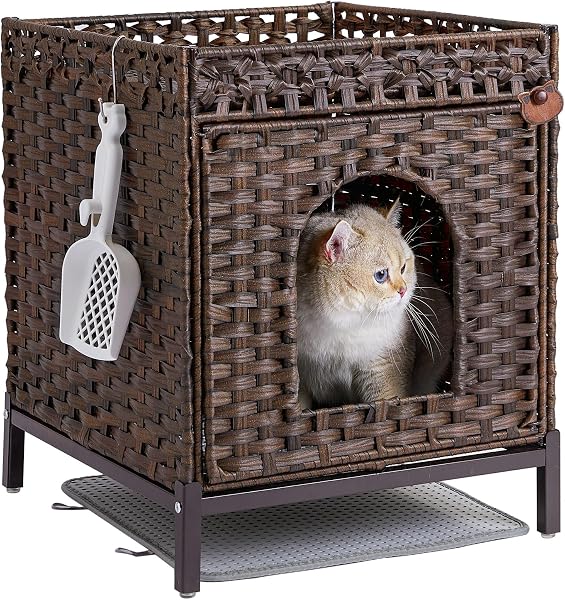 SETVSON Cat Litter Box Enclosure Hidden Litter Box Furniture with Metal Heightened Feet, Handwoven Cat House with Cat Li