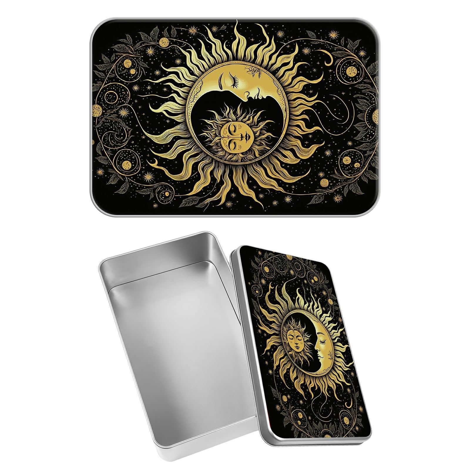 Rectangular Metal Tin Box with Removable Lid, Gothic Moon Sun Decorative Printed Metal Storage Container for Sweets Jewelry Tea Candies Cakes 7 x 4.33 x 2.17 inch– Single Pack