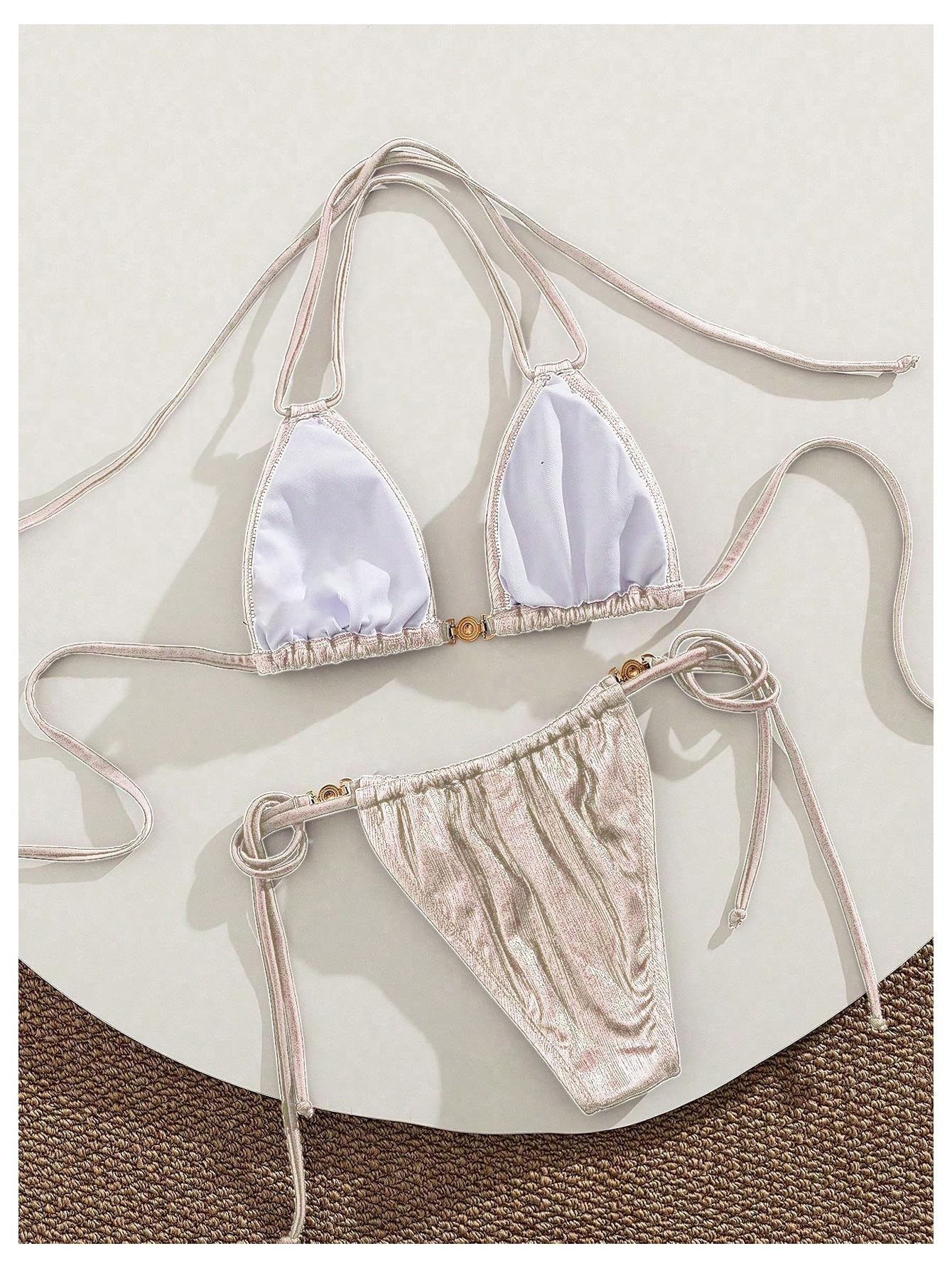 Damskie Metalowe Trójkątne Stringi Zestaw Bikini 2 Częściowe Stroje Kąpielowe Typu Halter String Śliczne Kostiumy Szampański Mały