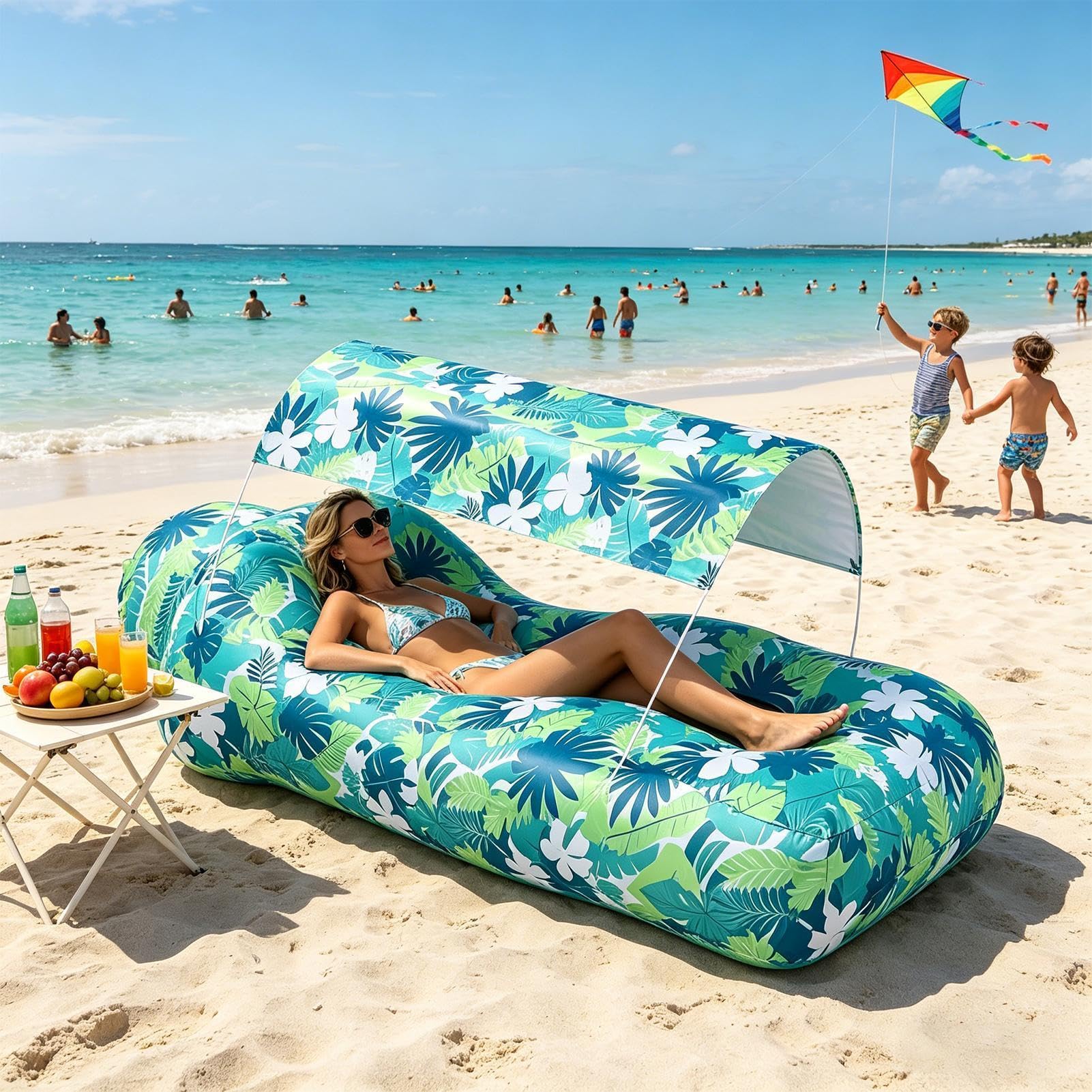 Aufblasbare Luftliege Aufblasbares Sofa mit Sonnendach | Tragbare Liege mit integriertem Staufach für Reise Urlaub Camping am Meer Wandern Picknick im Garten