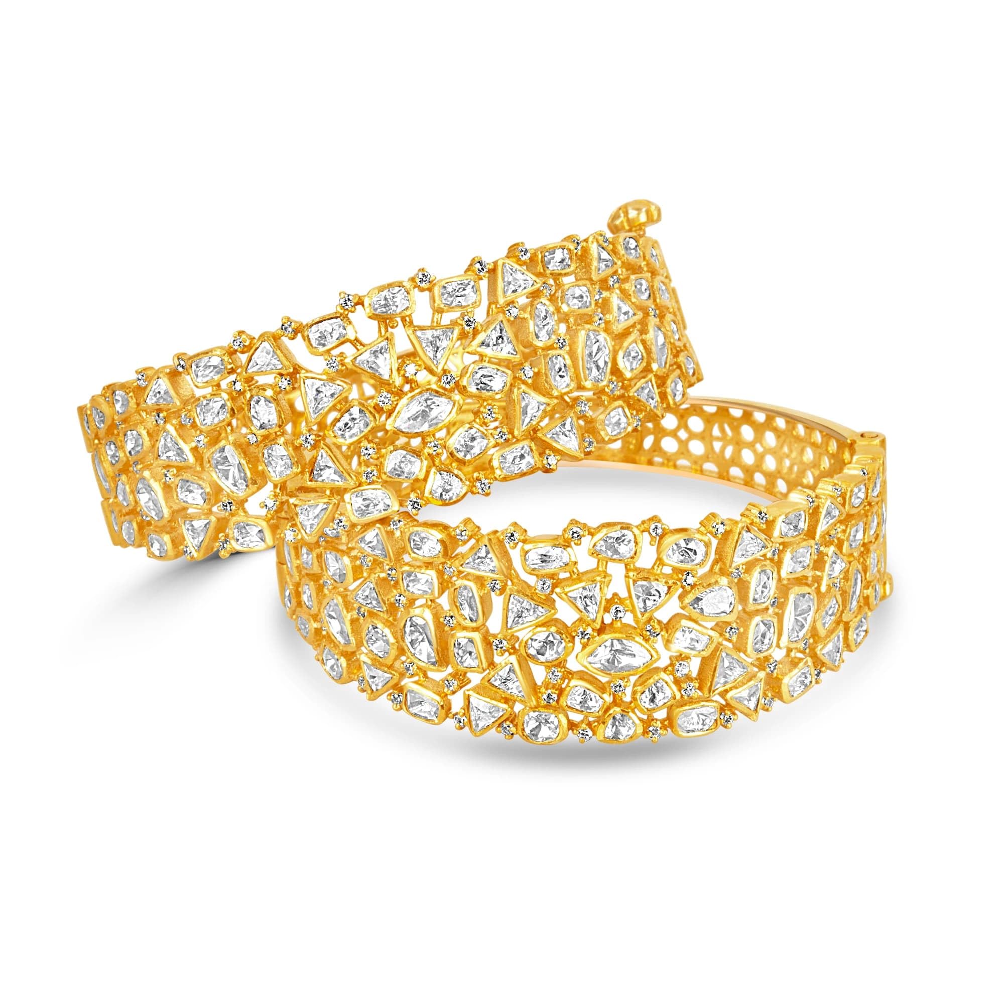 The Eternal Sunshine Bracelet for Women - Gold Plated 92.5% Sterling Silver Jewelry featuring Thick Arch of Uncut Moissanite Polki and Exquisite Meshwork Design - Lightweight Bangle Alternative for Festive Saree, Lehenga and Embroidered Suits-picture-13