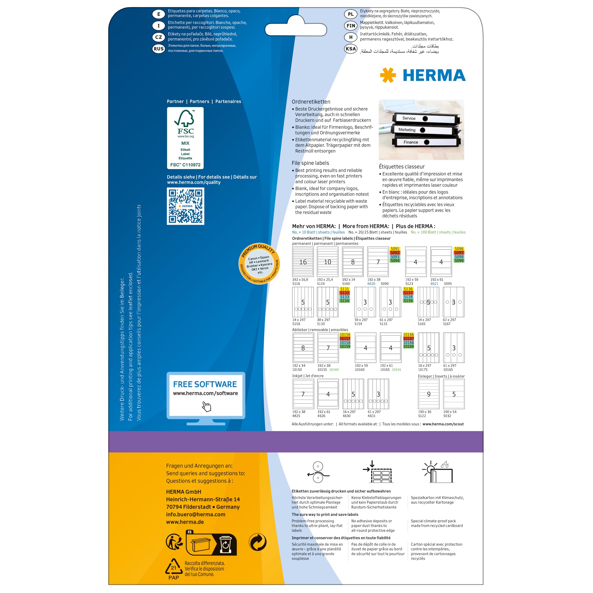 HERMA 5167 Hängeordner-Etiketten lang breit, 800 Blatt, 63 x 297 mm, 3 pro A4 Bogen, 2400 Stück, selbstklebend, bedruckbar, blickdicht, blanko Papier Ordneretiketten Rückenschilder Aufkleber, weiß