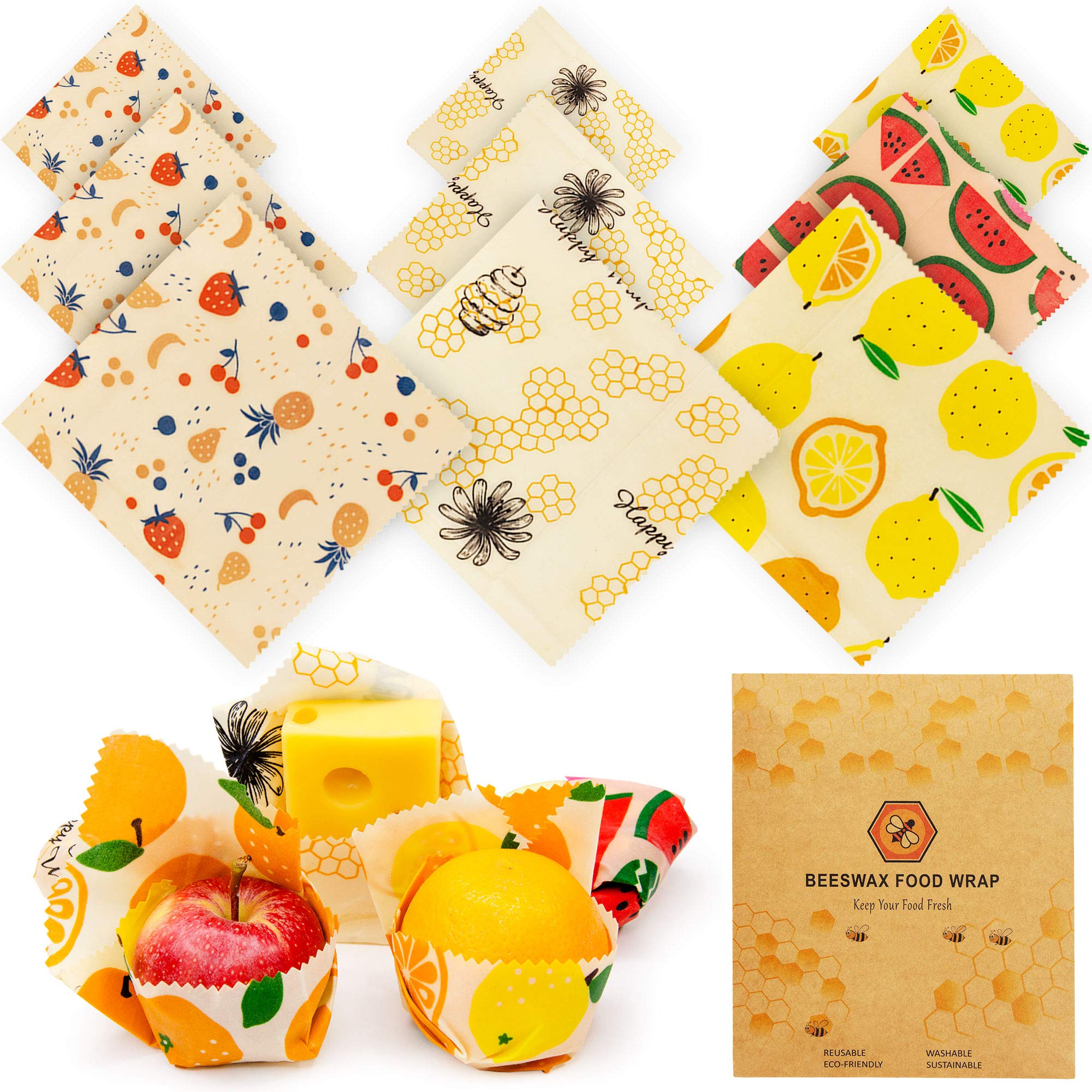 Beeswax Food Wraps Reusable Set – 9 Pcs Beeswax Wrap Sustainable Cover, Eco-Friendly Wax Wrap, Zero Waste Reusable Food Wraps, Plastic Free Bees Wrap Food Storage Bread Sandwich Wrapping (3S, 3M, 3L)
