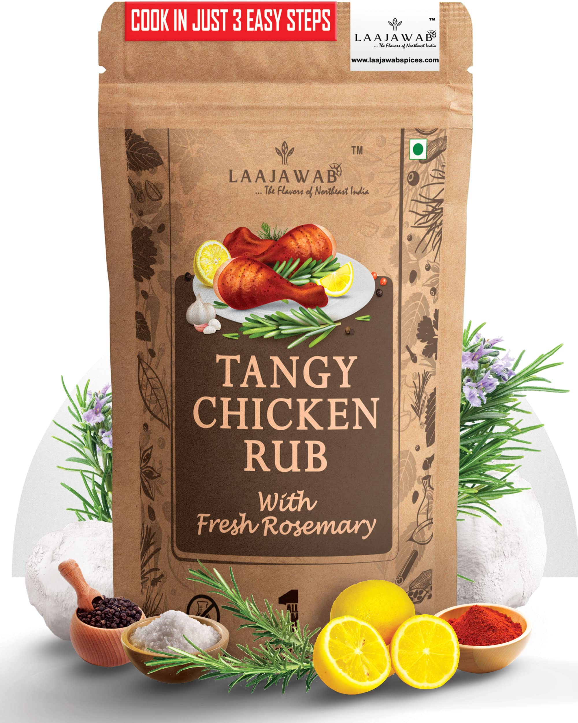 Laajawab All-In-One Natural Tangy Marinade With Robust Blend Of Lemon Pepper, Garlic, Onion & Rosemary For Easy Cooking Bbq/Tandoori/Grill/Fry/Gravy | Perfect For Marinating Chicken Breasts, 130 Gm