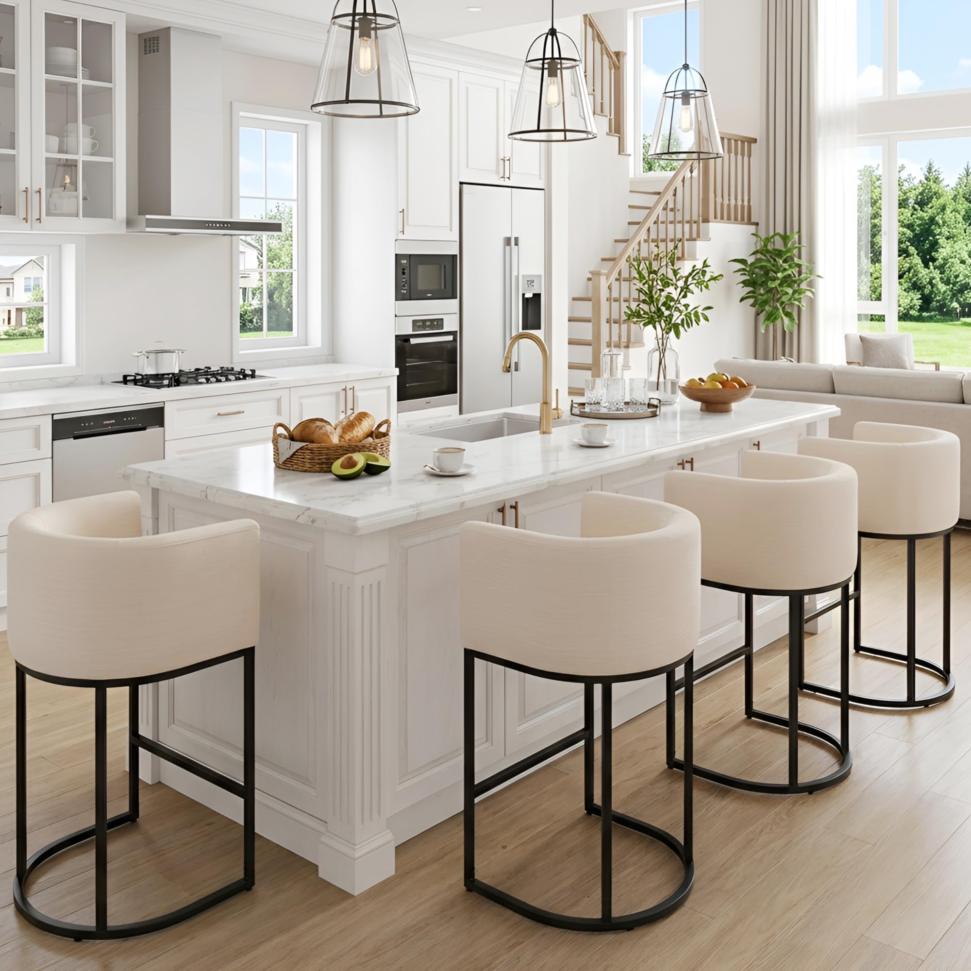 HNY Modern Counter Height Linen Fabric Cream Upholstered Counter Stools Set of 4, 29 Inch Kitchen Island Stool with Black Tubular Frame