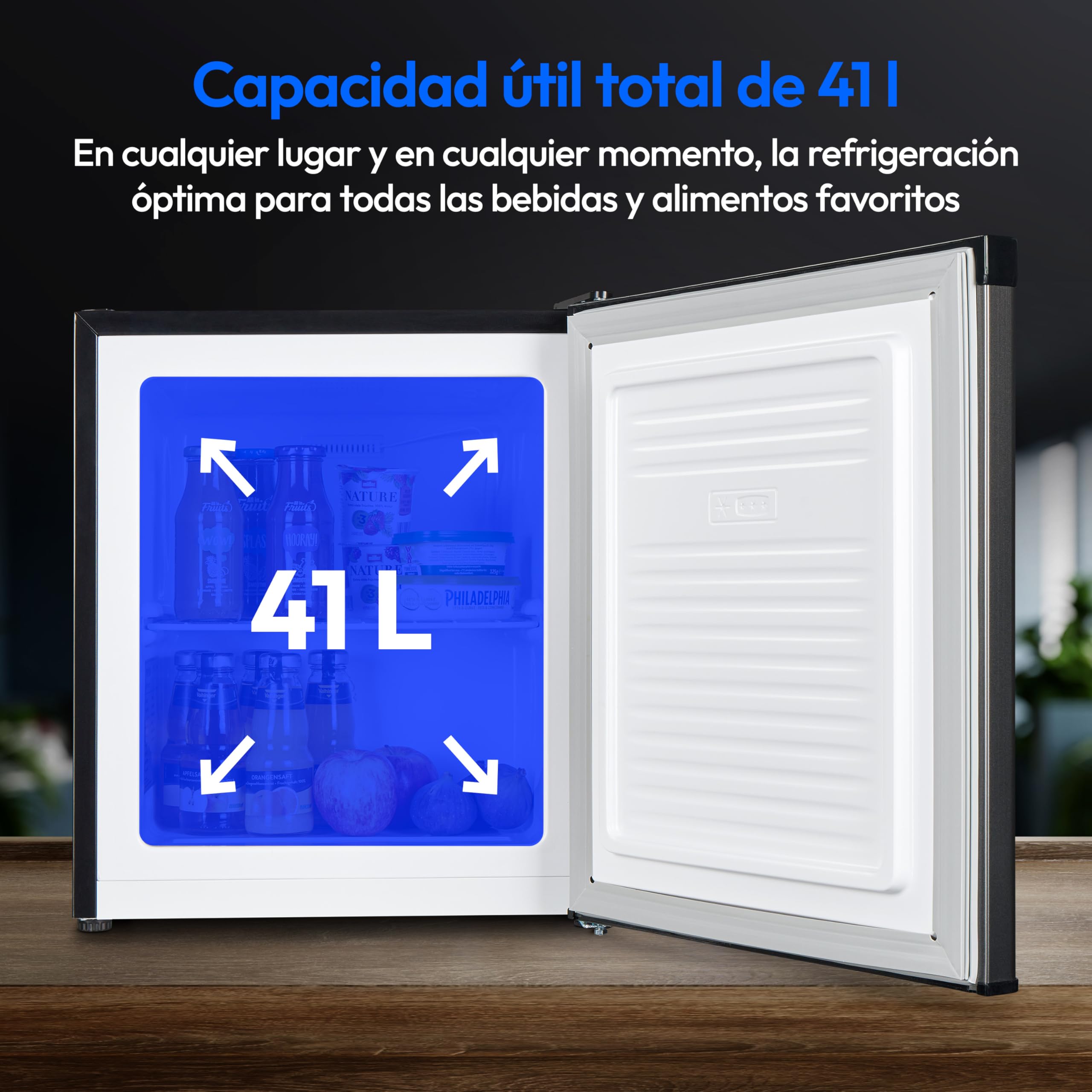 MEDION Mininevera (compartimento para hielo, 41 litros de capacidad, pequeña, patas regulables en altura, para bebidas heladas, bisagra de puerta intercambiable, MD37724)