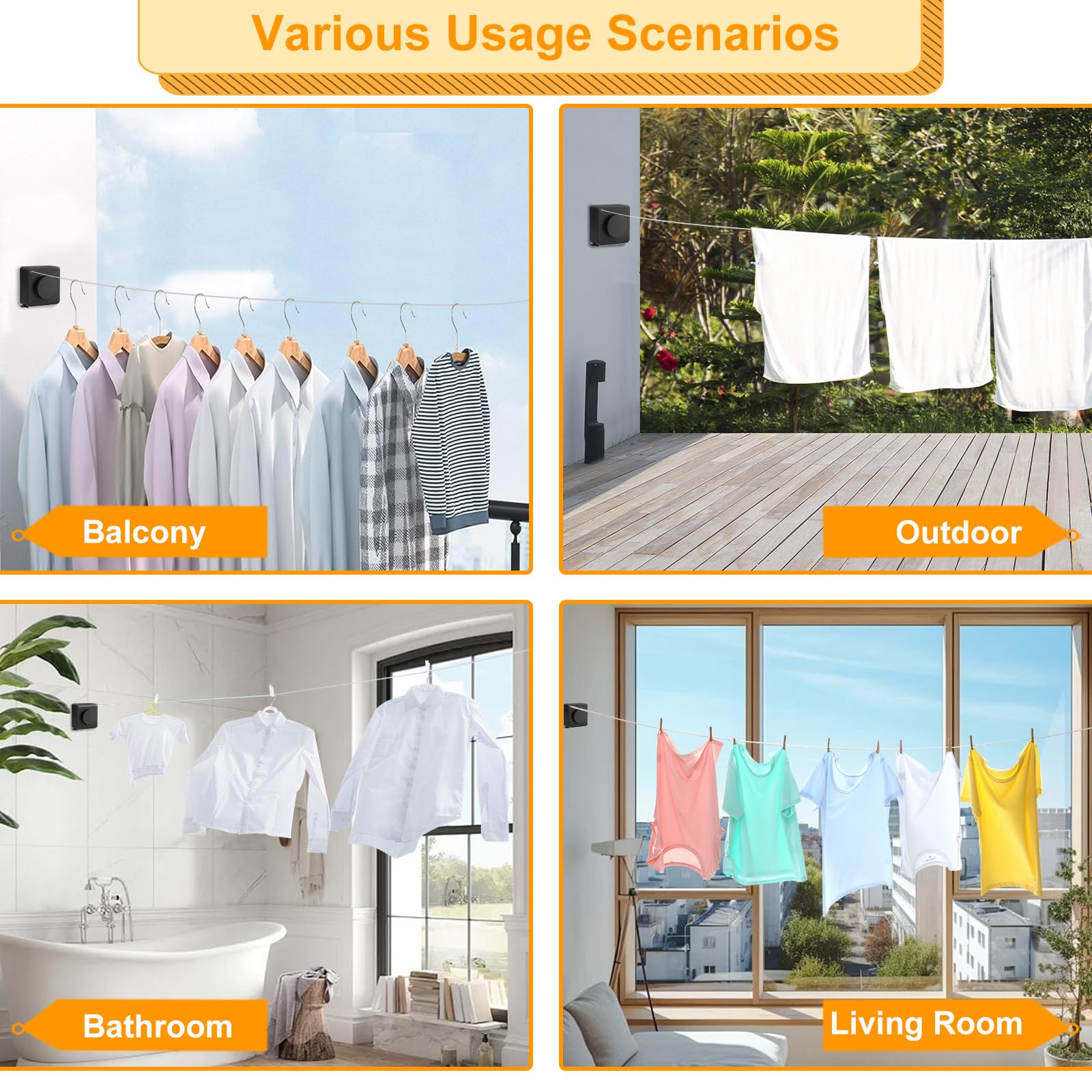 Corde à Linge Rétractable pour Intérieur et Extérieur 4.8m Acier Inoxydable | Aucun Perçage Requis, Extensible Ligne à Laver Murale sans Affaissement, Fil à Linge pour Appartement, Hôtel, Buanderie, Noir