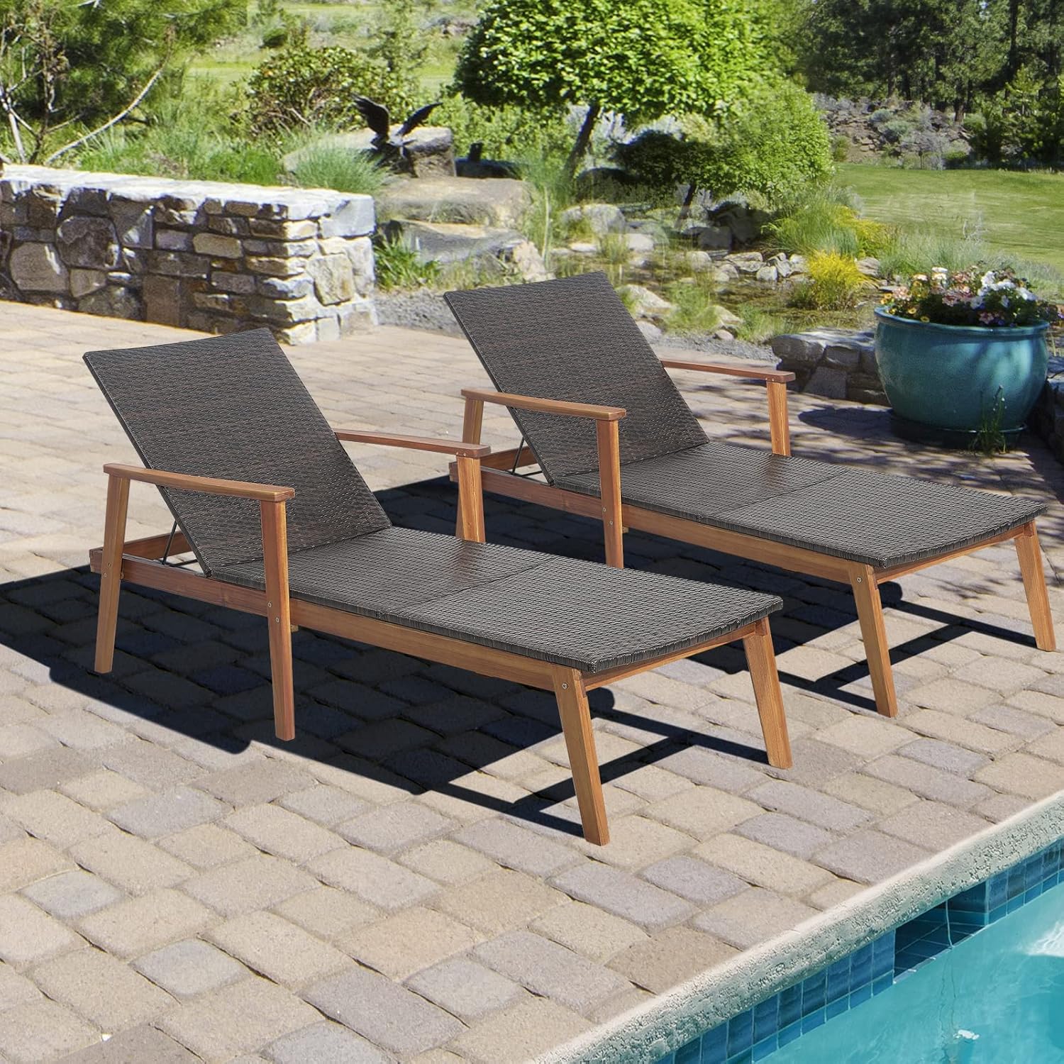 COSTWAY Patio Rattan Chaise Lounge Chair Recliner Back Adjustable Acacia Wood Garden
