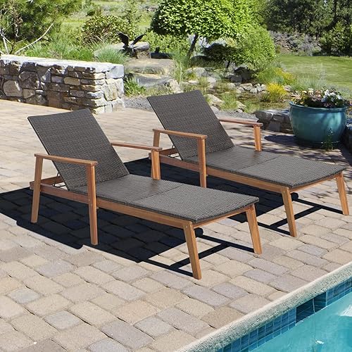 Miniatura 2 de Tangkula Juego de 2 sillas reclinables ajustables de 4 posiciones con posición totalmente plana, tumbona de mimbre de polietileno para exteriores