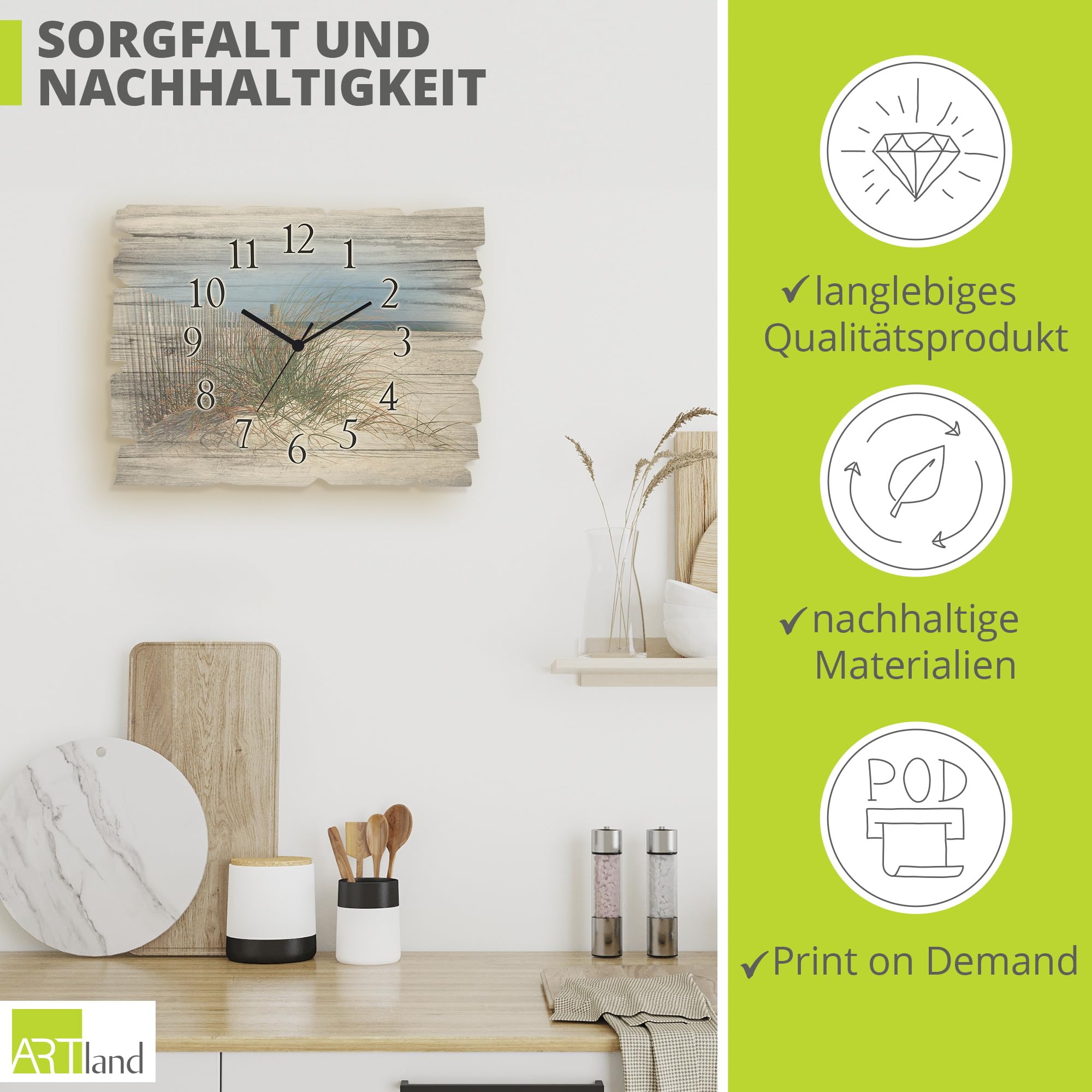ARTLAND Wanddeko Wanduhr ohne Tickgeräusche aus Holz Funkuhr 40x30 cm Rechteckig Lautlos Strand Meer Düne Gräser Landschaft Maritim T5MA