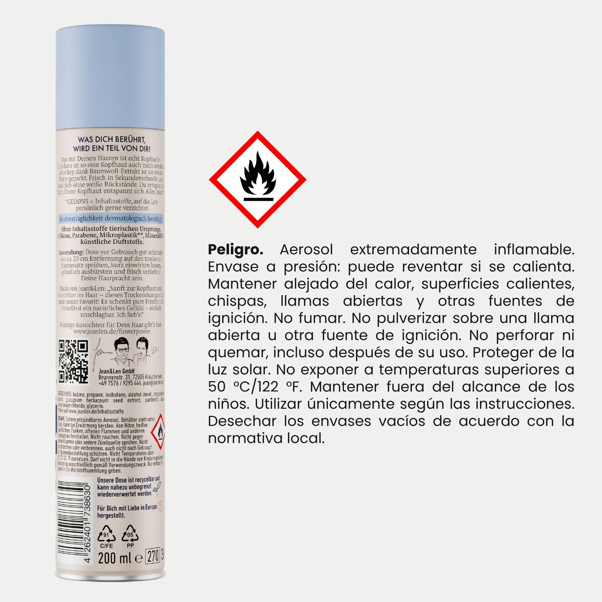Jean & Len champú en seco my sensitive secret, para cuero cabelludo sensible, con extracto de algodón y pantenol, ayuda con las raíces grasas, sin restos blancos, sin perfume, 200 ml