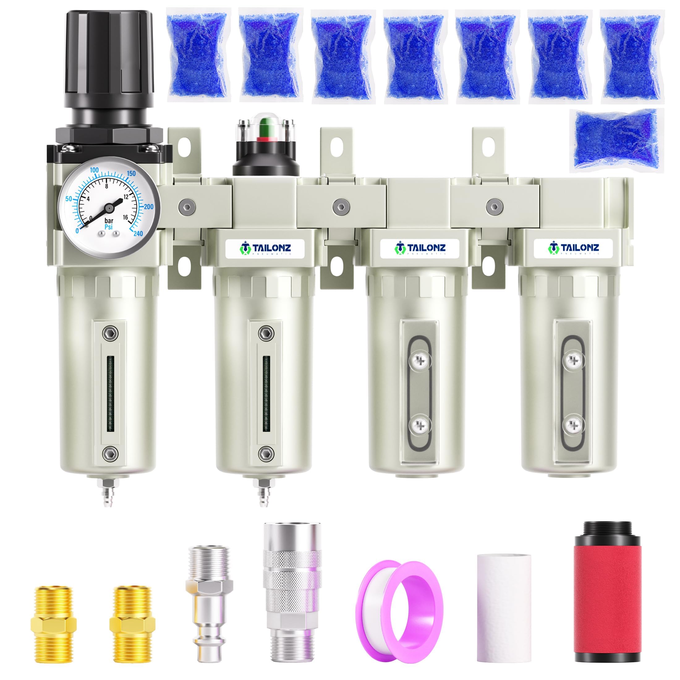 TAILONZ NEUMATIC 0-240PSI Sistema di asciugatura dell'aria di grado industriale NPT da 3/4 pollici, filtro antiparticolato, filtro coalescenza, essiccatore a doppio essiccante, filtro da 5 micron +