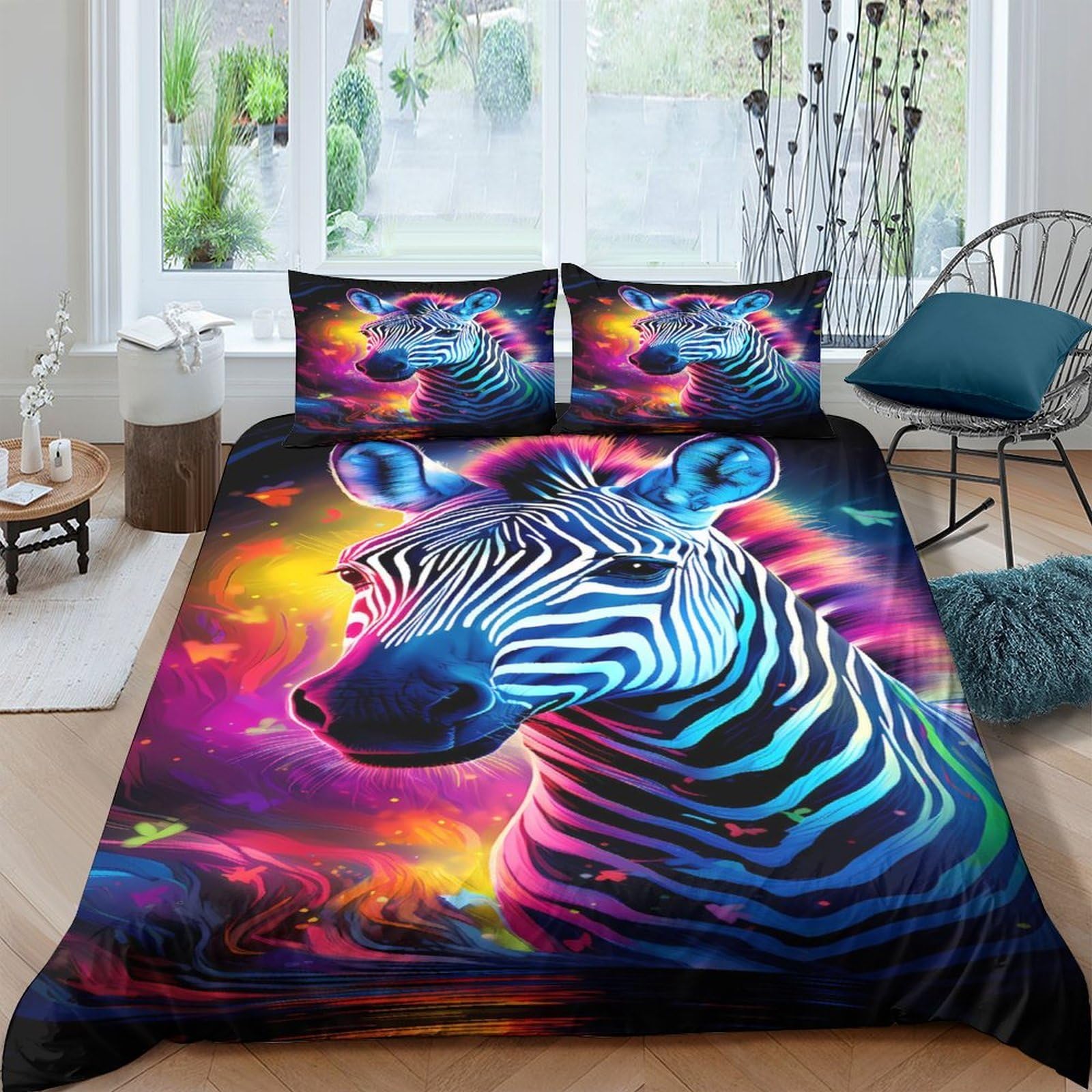 Ctjqhvkz Style-1 3D Printed Neon Zebra Fitted Sheet Microfiber Vibrant Abstract Color Mattress Cover For Bedroom Guest Room Decor Single（135X200cm）