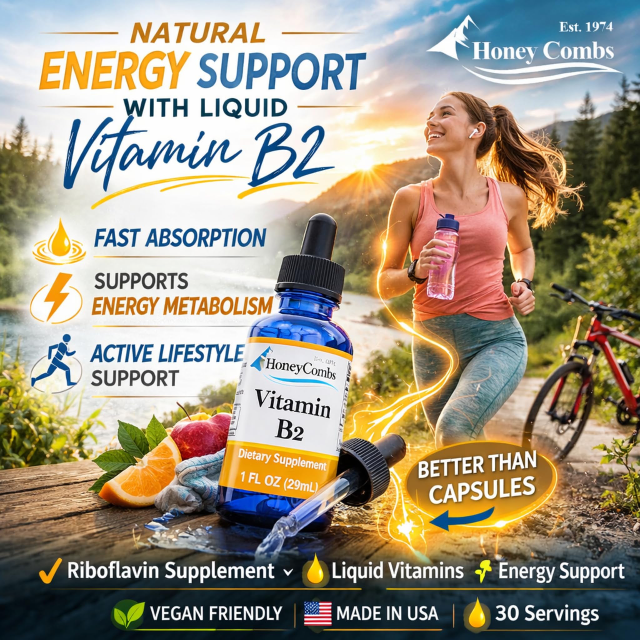 HoneyCombs Liquid Vitamin B2 Drops Riboflavin B2 Supplement 1 Fl Oz | Headache Support Energy Metabolism & Nervous System Support High Potency Alcohol Free Vegan Fast Absorbing product thumbnail 5