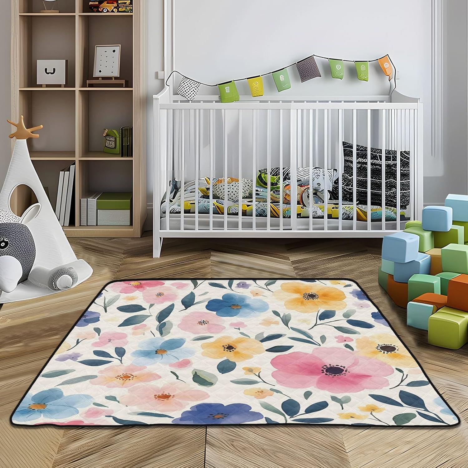 Watercolor Colorful Flowers Baby Play Mat, 50“ X 50” Washable Folding Crawling Mat, Baby Floor Mat, Soft, Non-Slip