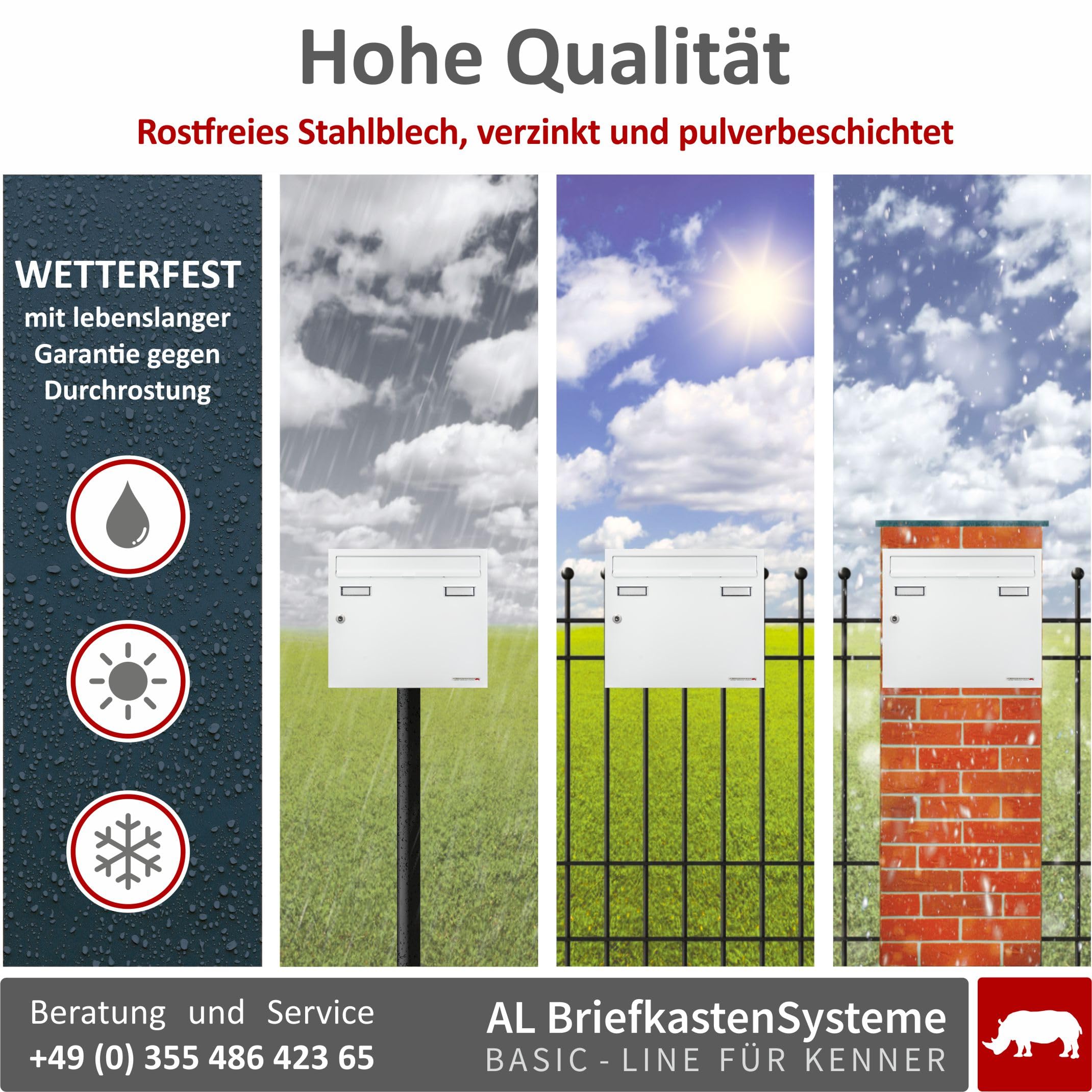 AL Briefkastensysteme Basic 2er Briefkasten RAL 9016 Verkehrs Weiss 2 Fach DIN A4 wetterfest Briefkastenanlage mit Posthaltebügel und 2 Namensschildern