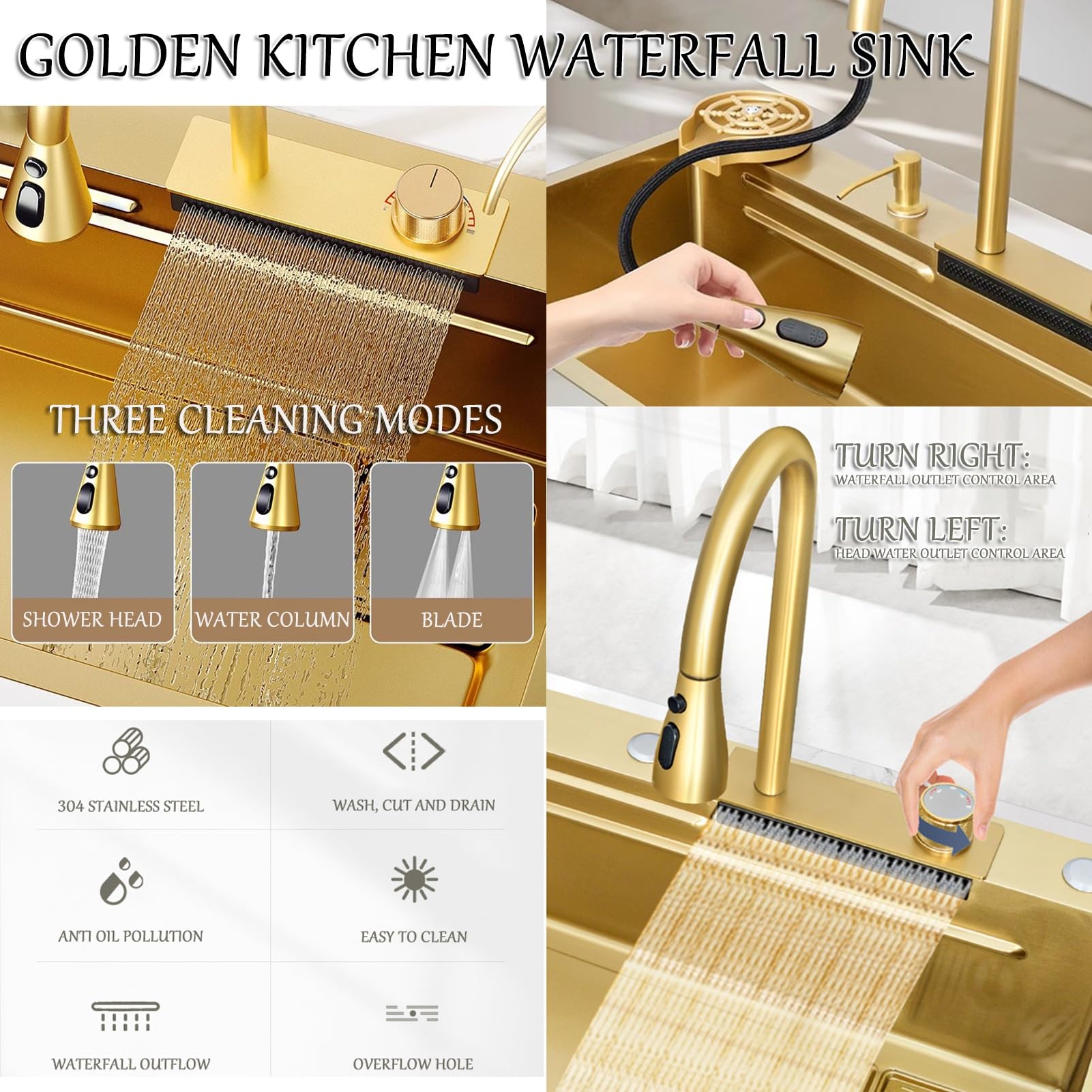 Fregadero de cascada dorada, fregadero de cocina multifuncional 304 fregadero de acero inoxidable, fregadero con grifo multifuncional dorado y otros accesorios (Color : Gold, S : 75x45cm)