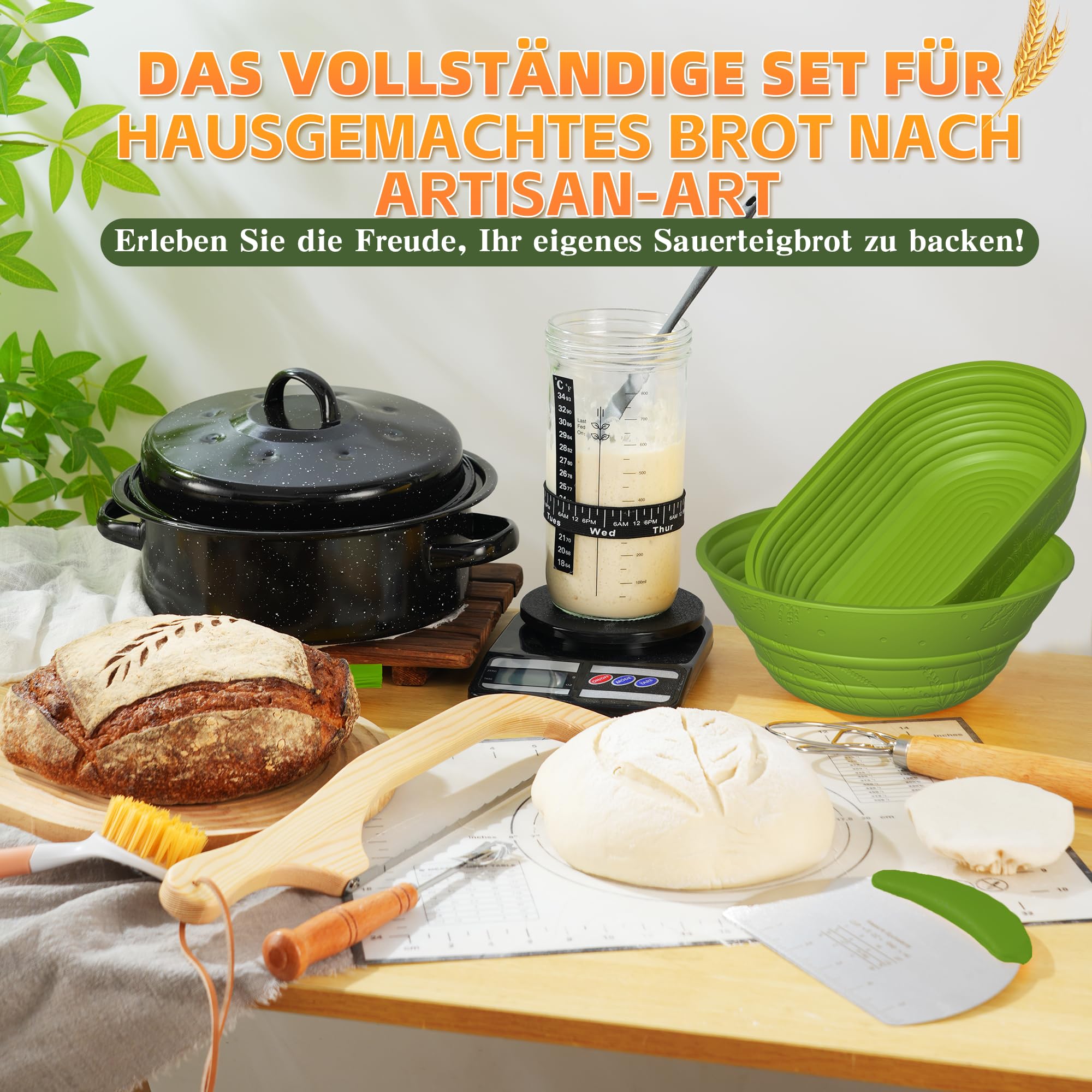 Sauerteig Brot Bakset mit hochwertigem Emaillepott und Gärkorb Brot Natur Roggenbrot Gärkorb Set Gärkorb Rund, Handgebacken Brotbackset, geeignet für Hobbybäcker und Sauerteig Brot Liebhaber (Grün)