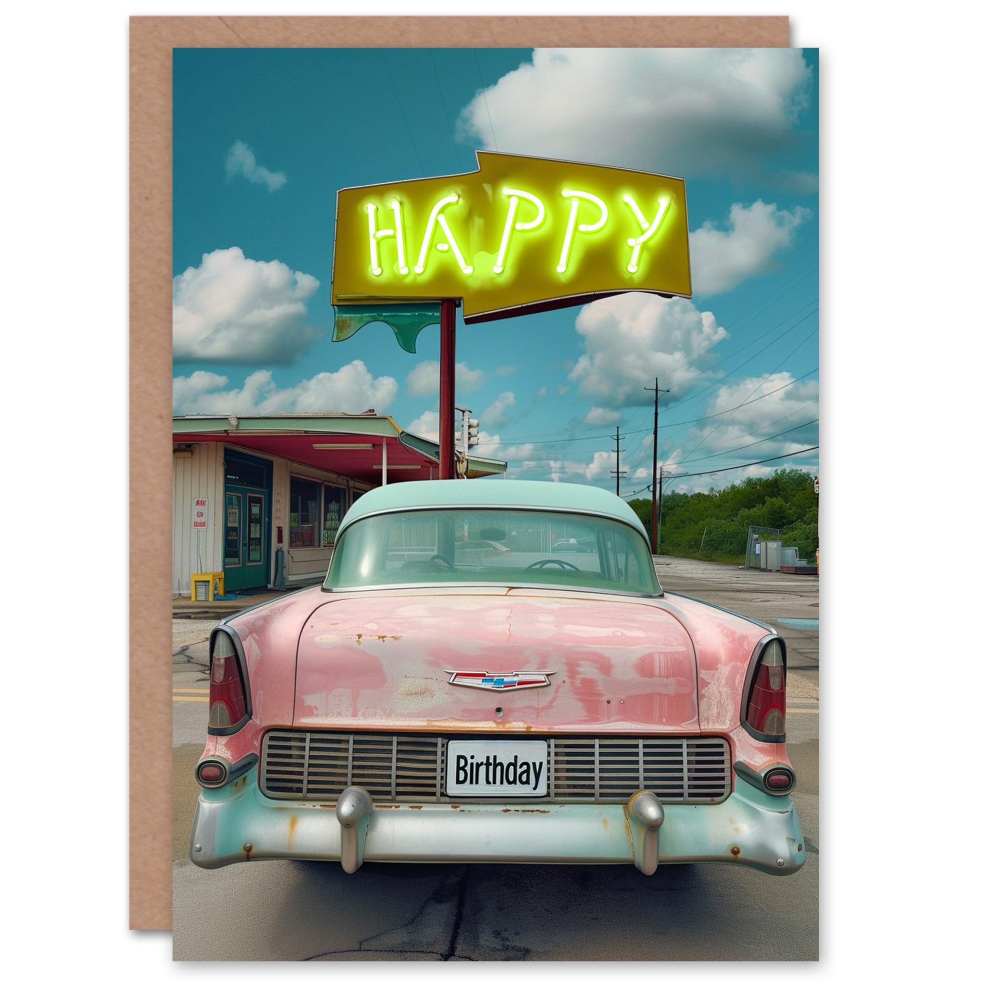 Artery8 Men's Birthday Card Americana Diner Car Retro Country Greeting Card Blue