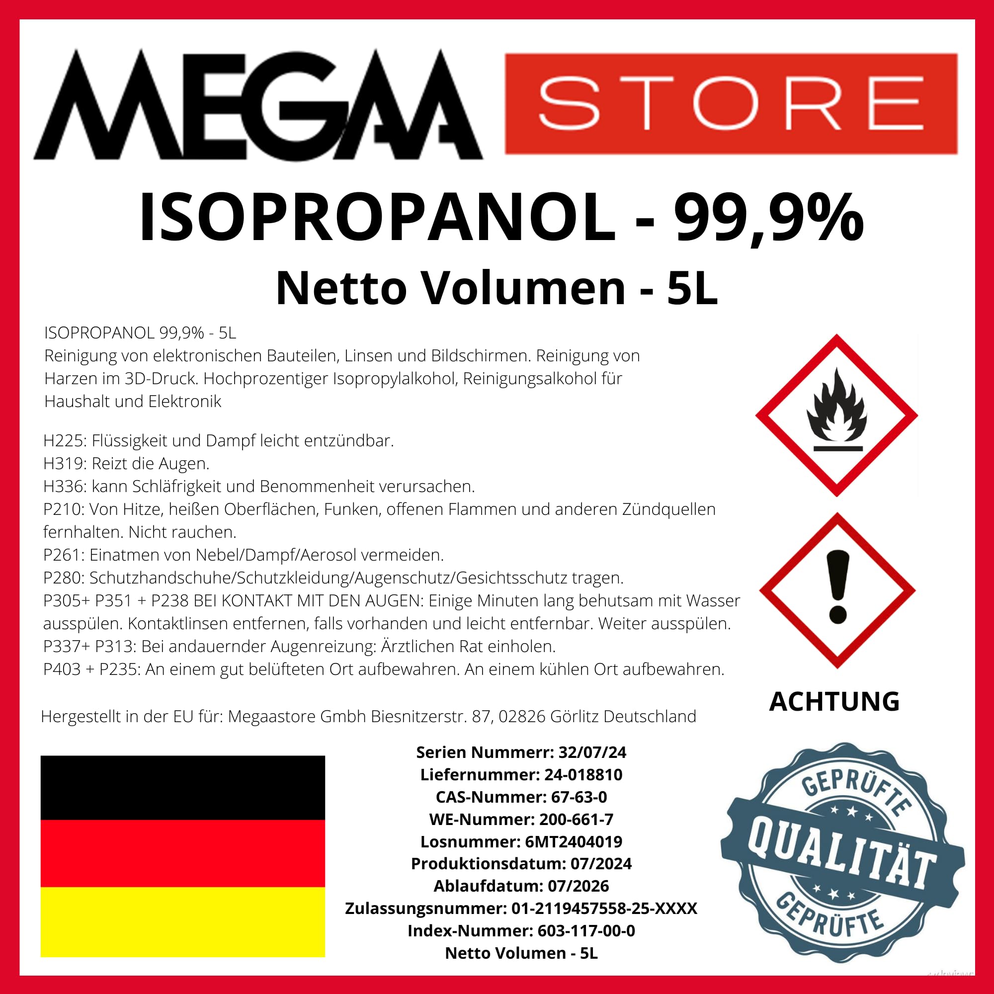 Isopropanol - Isopropylalkohol 99.9% | Entfetter Lösungsmittel 1L bis 20L | für Elektronik Haushalt Automobil optische Elemente Linsen