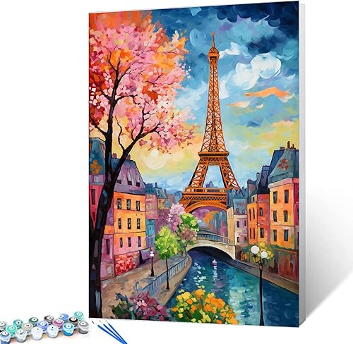 Pintura al óleo de la Torre Eiffel por números, flor de cerezo en flores, kit de pintura digital acrílica para niños y adultos, principiantes,