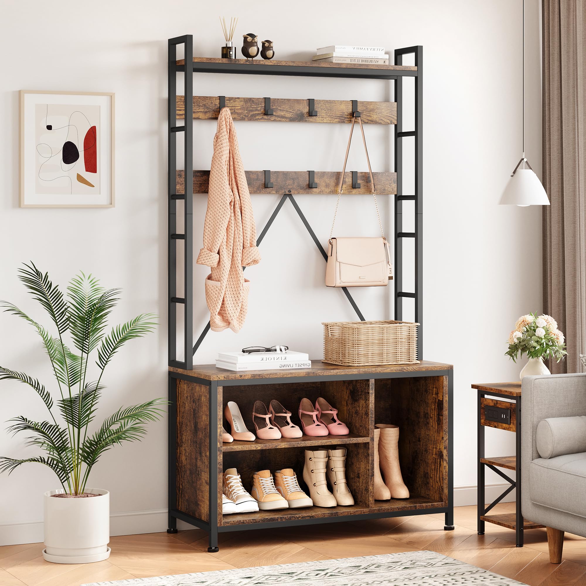IDEALHOUSE Industrial Hall Tree with Bench, Coat Rack, Shoe Storage, Entryway Bench with Cubbies