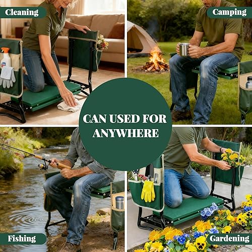 Miniatura 6 de Rodillero y asiento de jardín mejorados con almohadilla gruesa y ensanchada, banco de jardinería resistente y asiento plegable con 2 bolsas de