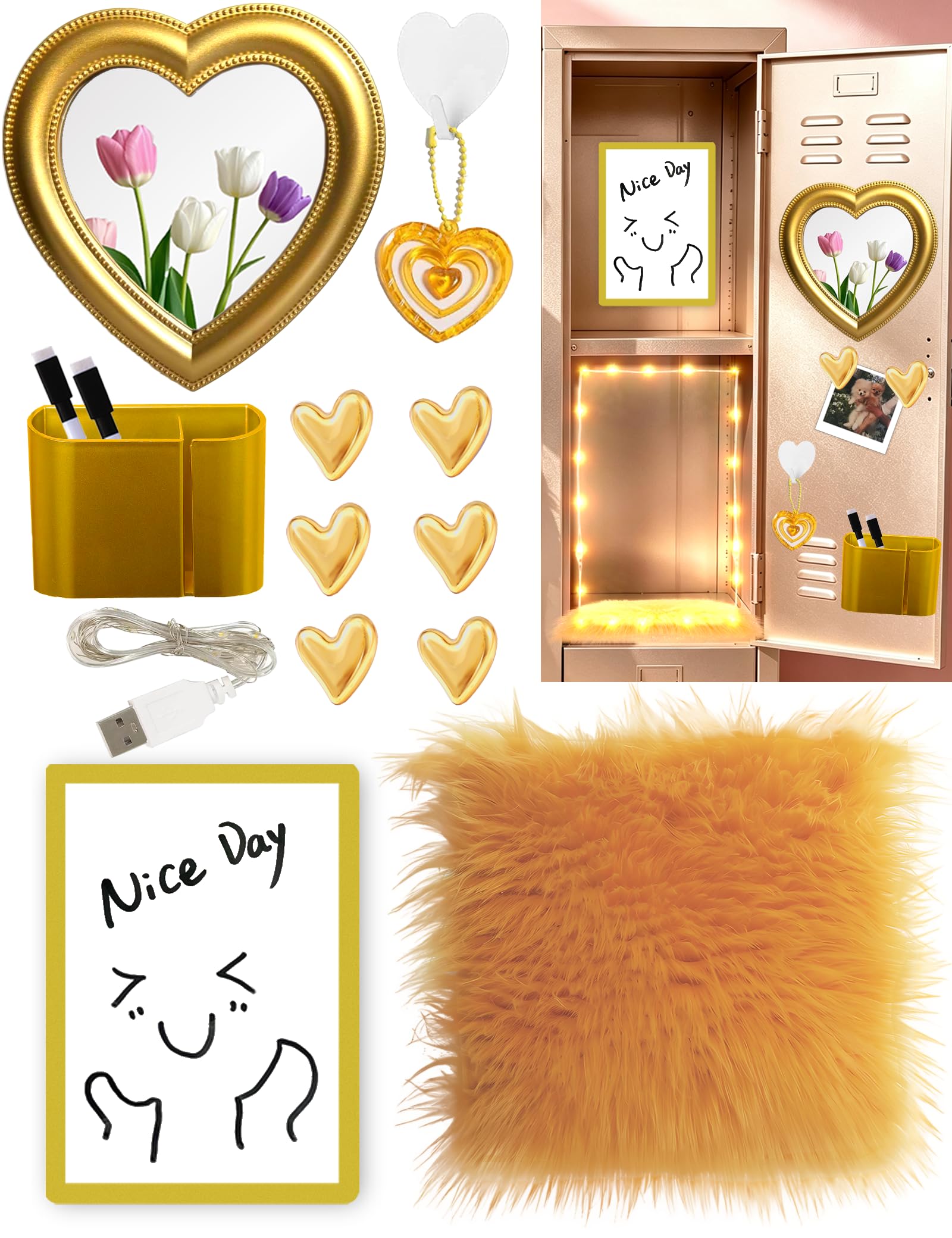 Gold Locker Accessories Kit for Girls with Haert Magnetic Locker Mirror Pen Holder Whiteboard Rug Magnets Hook Pendant String Lights, 15 PCS Back to School Locker Organizer & Decor for Home Work