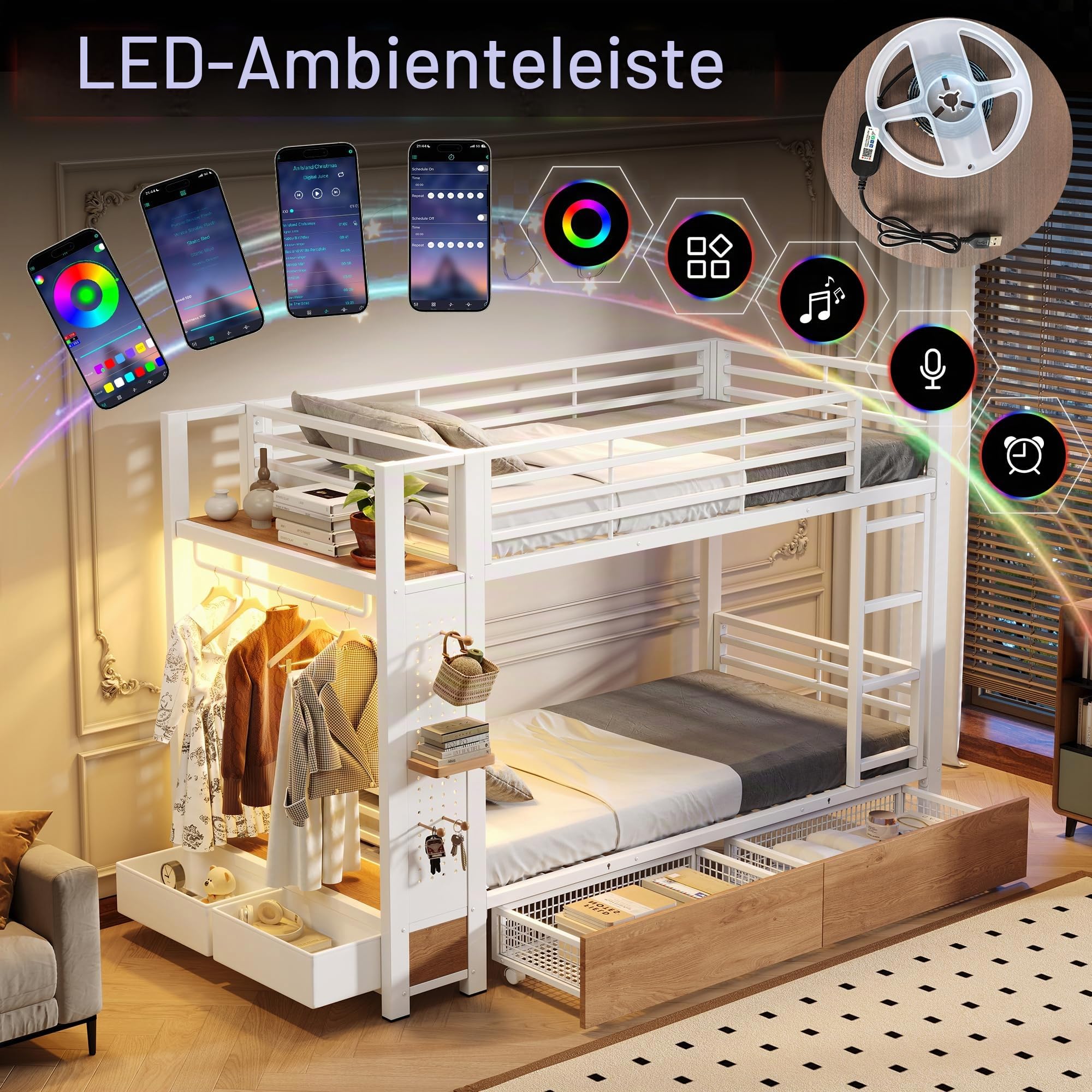 Duxelifen Etagenbett 90x200 cm Eisenrahmen mit LED & Stauraum, Weiß