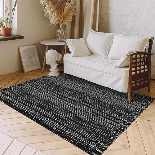 Miniatura 4 de Alfombra trenzada de algodón lavable de 3 x 5 con borlas, alfombra marroquí bohemia tejida a mano para patio, granja, sala de estar, comedor,